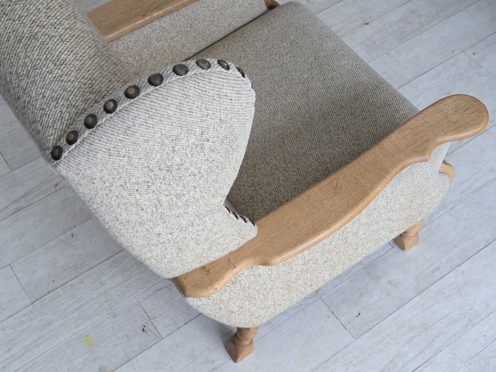 1970s, Danish Highback Armchair, Furniture Wool, Solid Oak Wood. photo vinterior