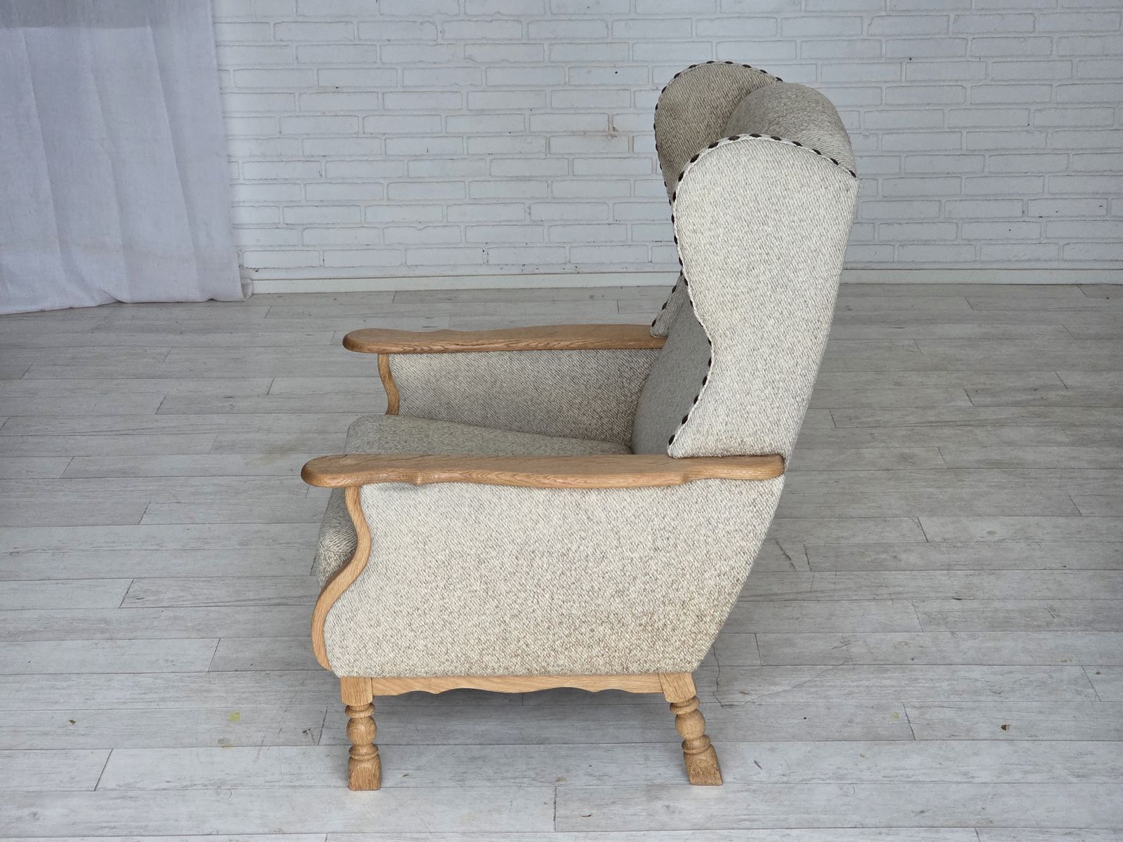 1370.0 1970s, Danish Highback Armchair, Furniture Wool, Solid Oak Wood. photo