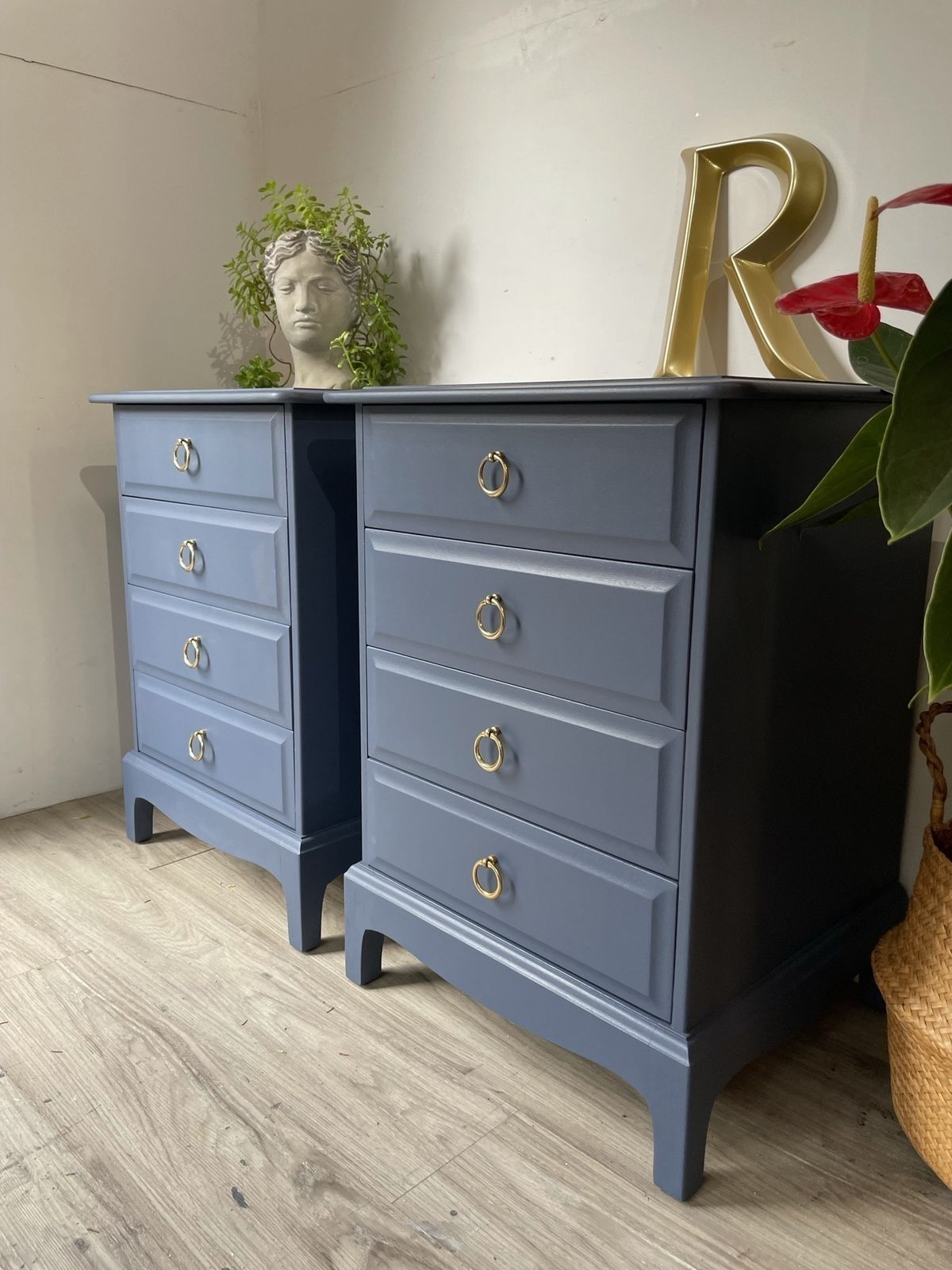 Stag Minstrel Pair (2) Of 4 Drawer Bedsides Painted Royal Sapphire (Blue) photo for sale