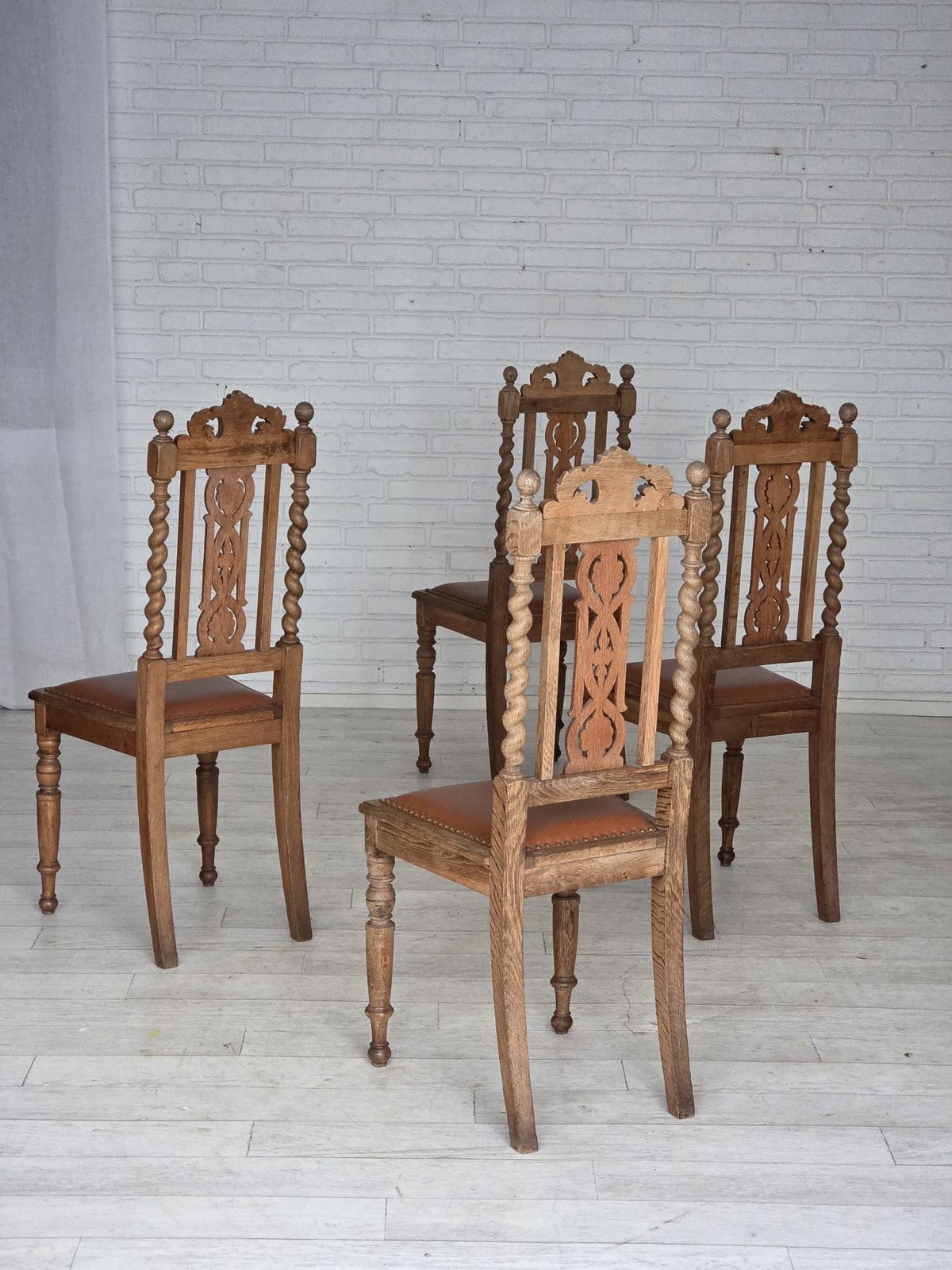 1930s, Set Of 4 Danish Dining Chairs, Carved Oak Wood, Furniture Leather. photo for sale