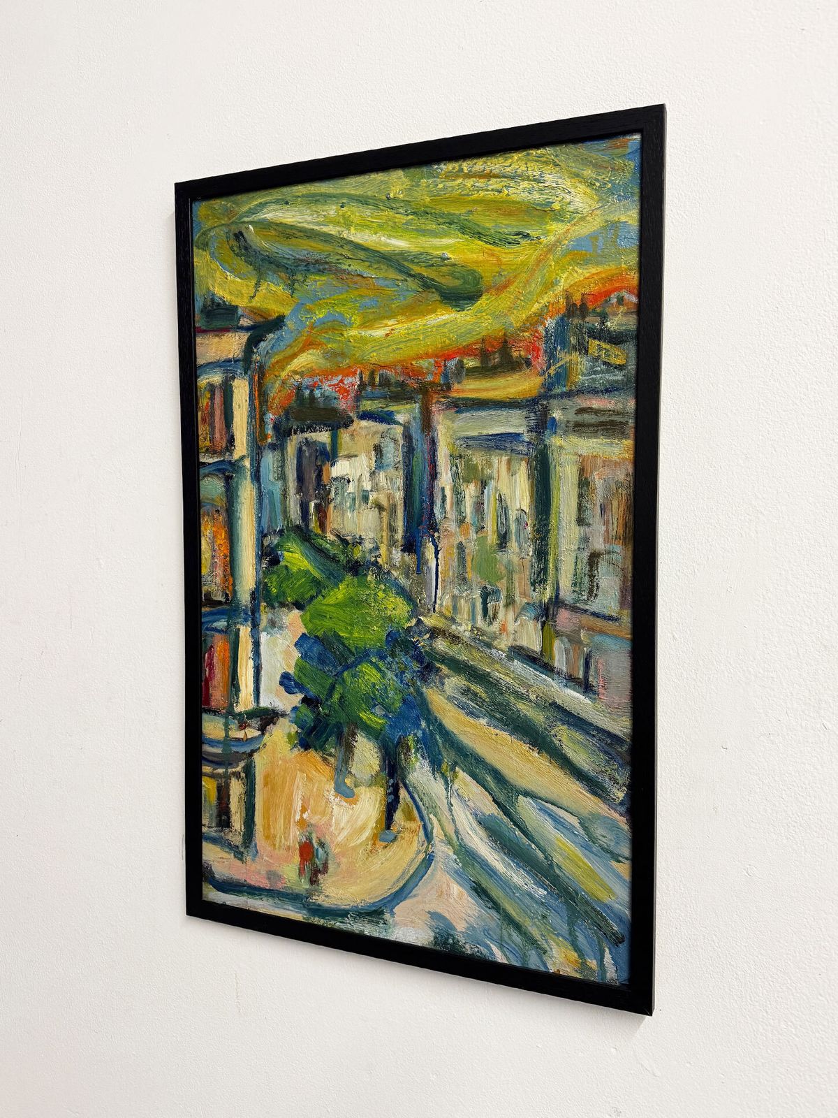 Mid Century Abstract Cityscape, Signed Oil Painting photo for sale