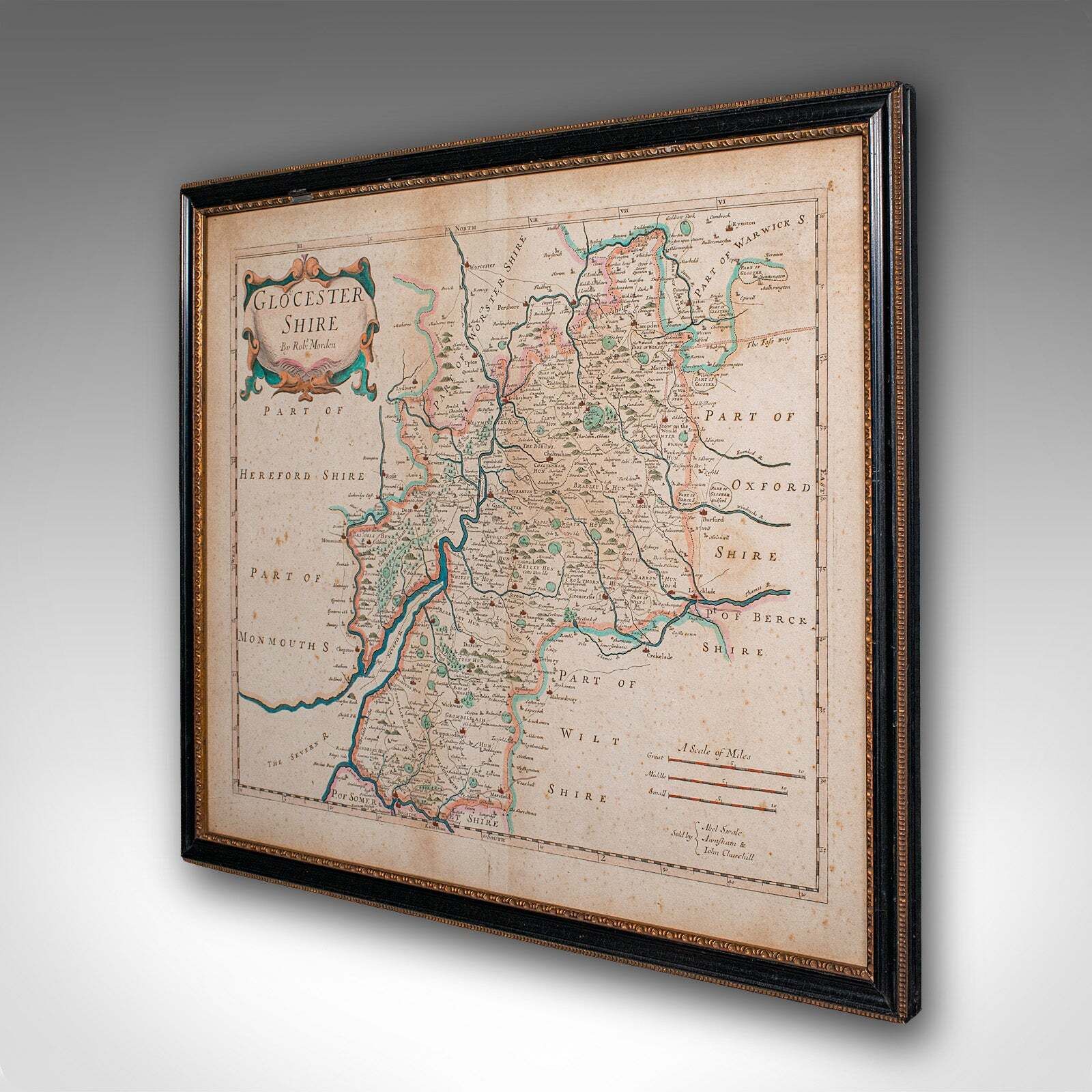Antique Gloucestershire Map, English, Framed Cartography, Robert Morden, C.1700 photo for sale