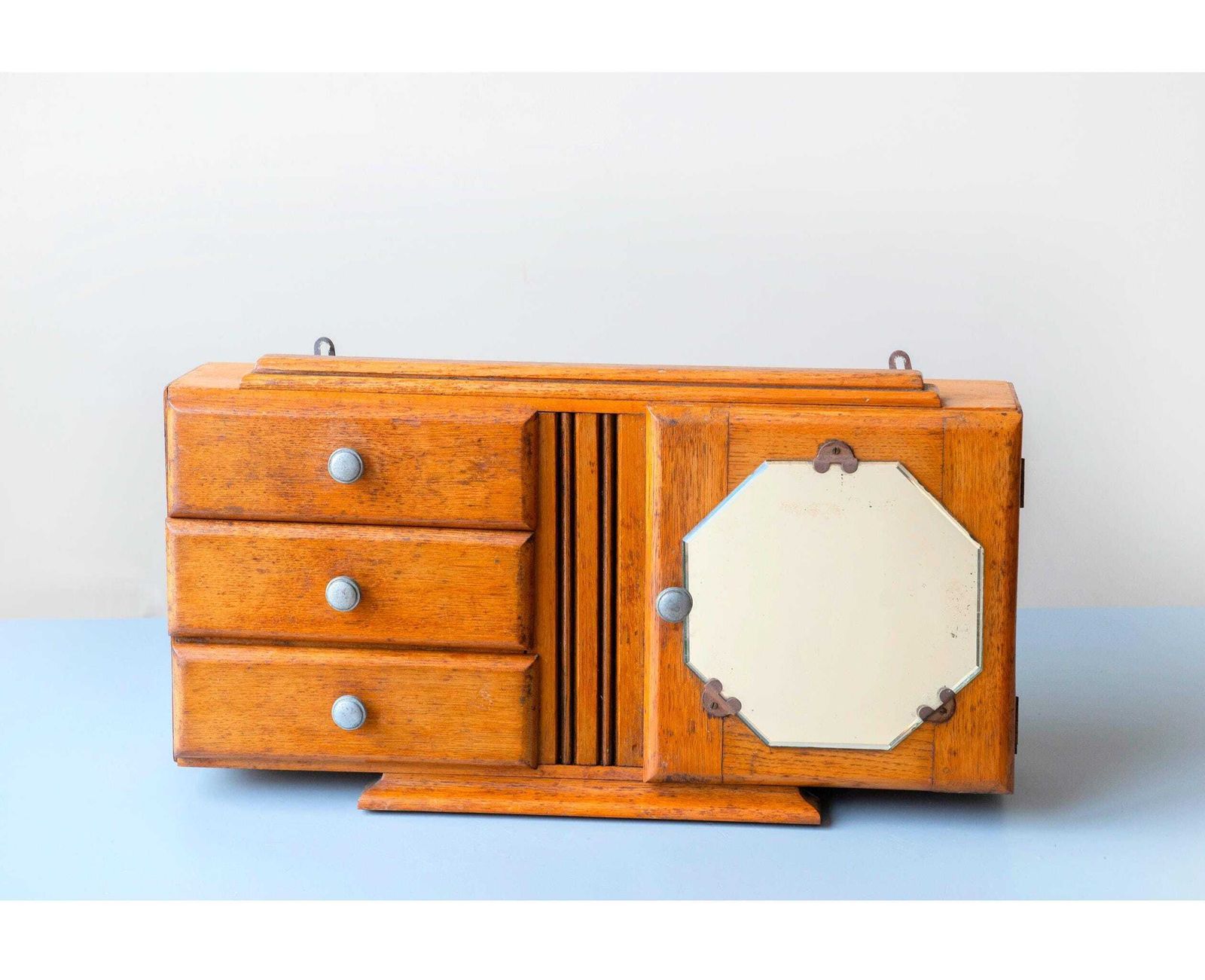 Antique Oak Medicine Chest With Beveled Octagonal Mirror – Art Deco Wooden Storage Unit, 1920s
