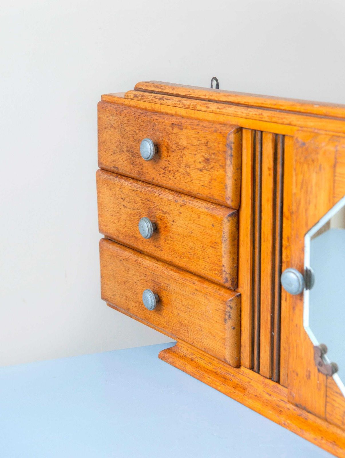 Antique Oak Medicine Chest With Beveled Octagonal Mirror – Art Deco Wooden Storage Unit, 1920s photo furniture