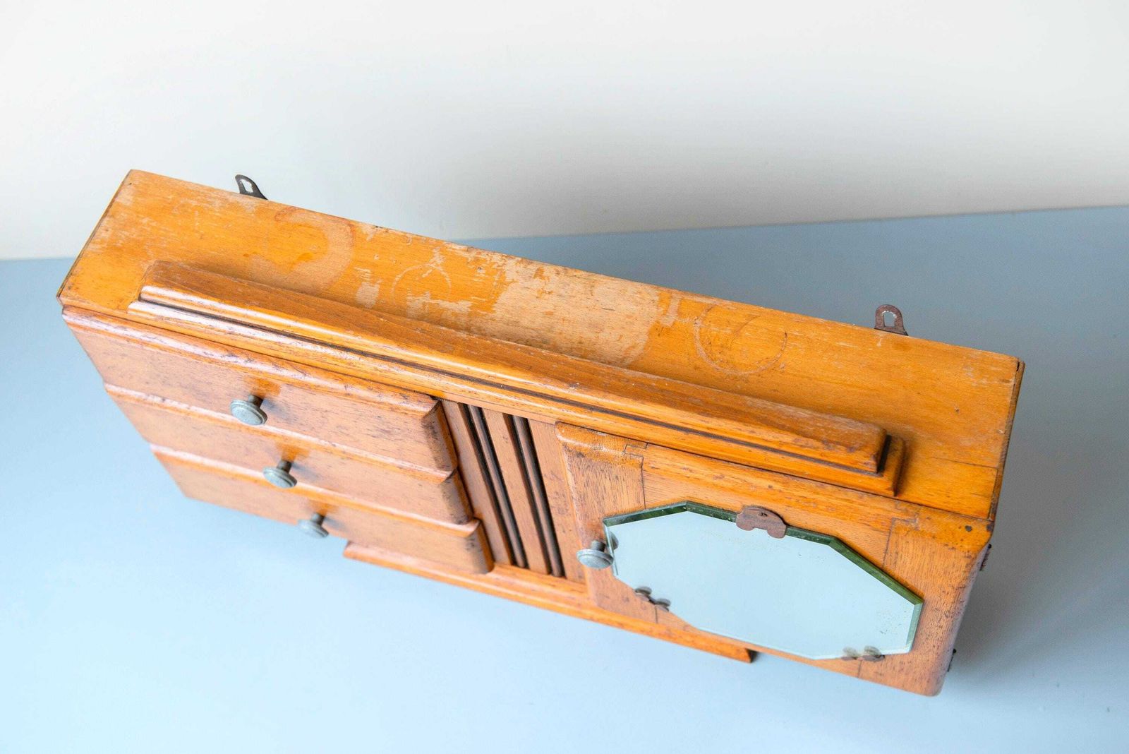 304.0 Antique Oak Medicine Chest With Beveled Octagonal Mirror – Art Deco Wooden Storage Unit, 1920s photo