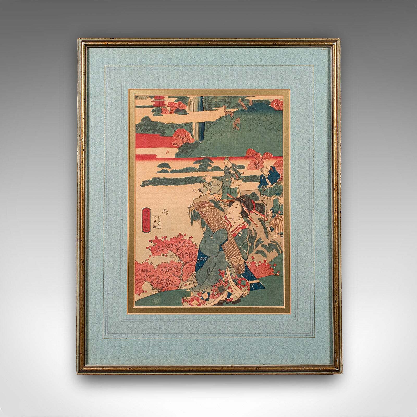 Antique Framed Woodblock Print, Japanese Art, Edo, Ukiyo E, Kunisada, Victorian photo furniture