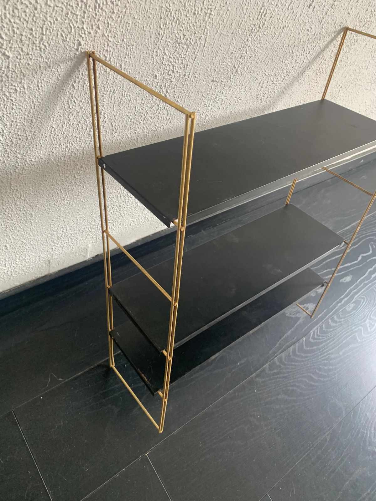 Vintage 1960s String Wall Shelf, Black And Gold   60 X 48 Cm photo for sale
