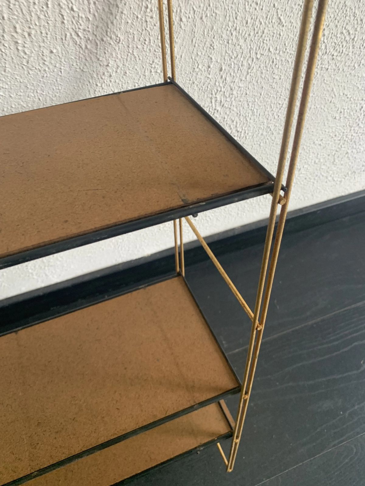 photo for sale Vintage 1960s String Wall Shelf In Gilded Wood   60 X 50 Cm