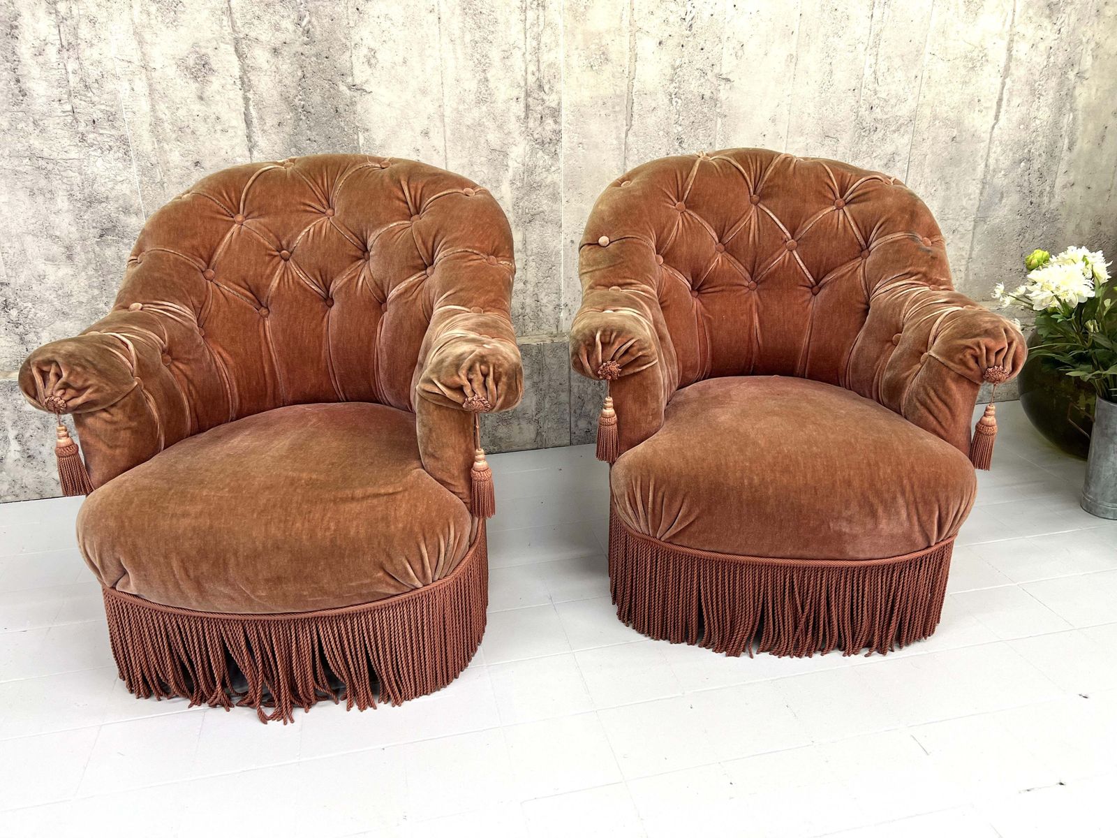 Pair Of Mid Century Pink Velvet Button Armchairs To Reupholster photo for sale