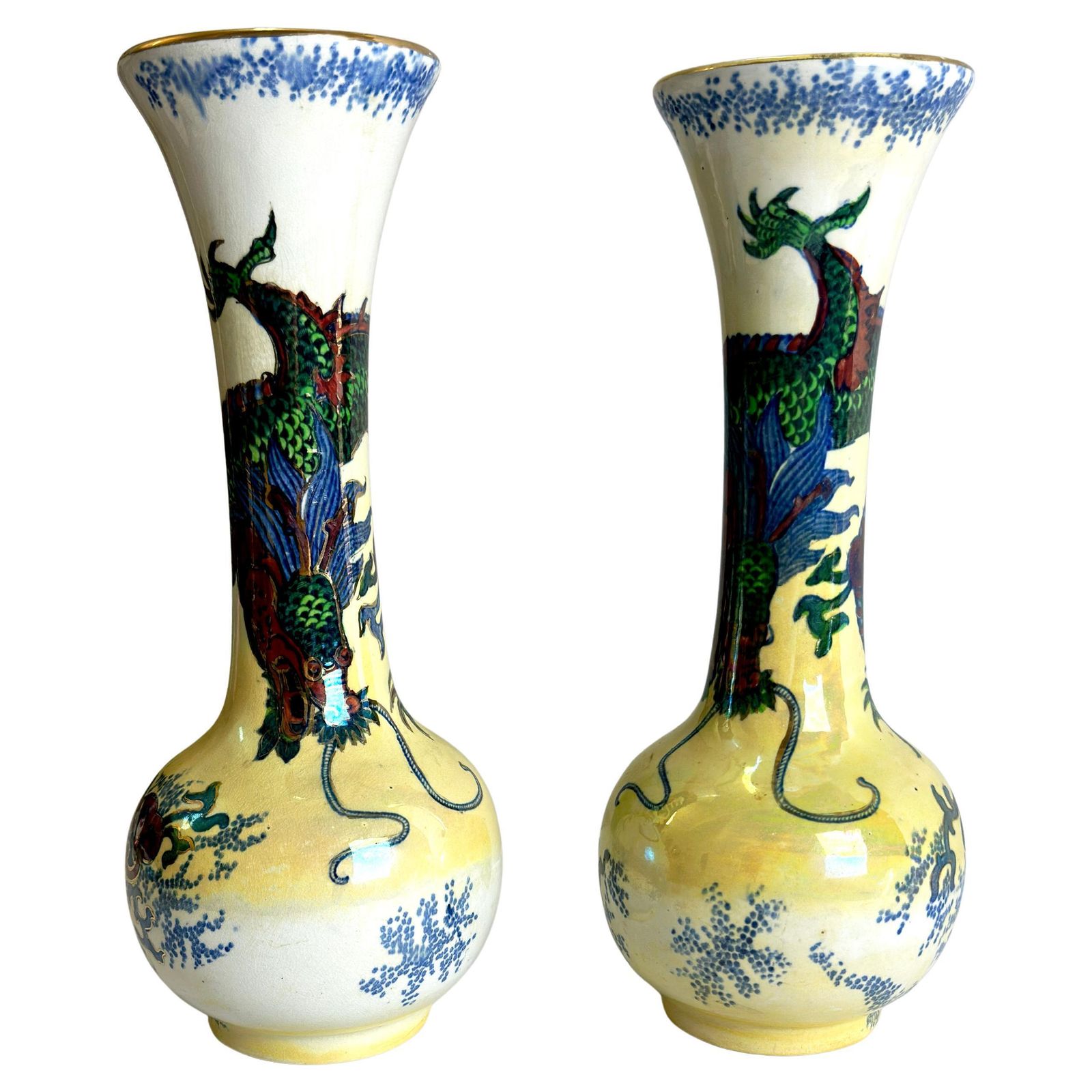 Pair Of Frederick Rhead Dragon Vases, Bursley Ware, Staffordshire, 1930s