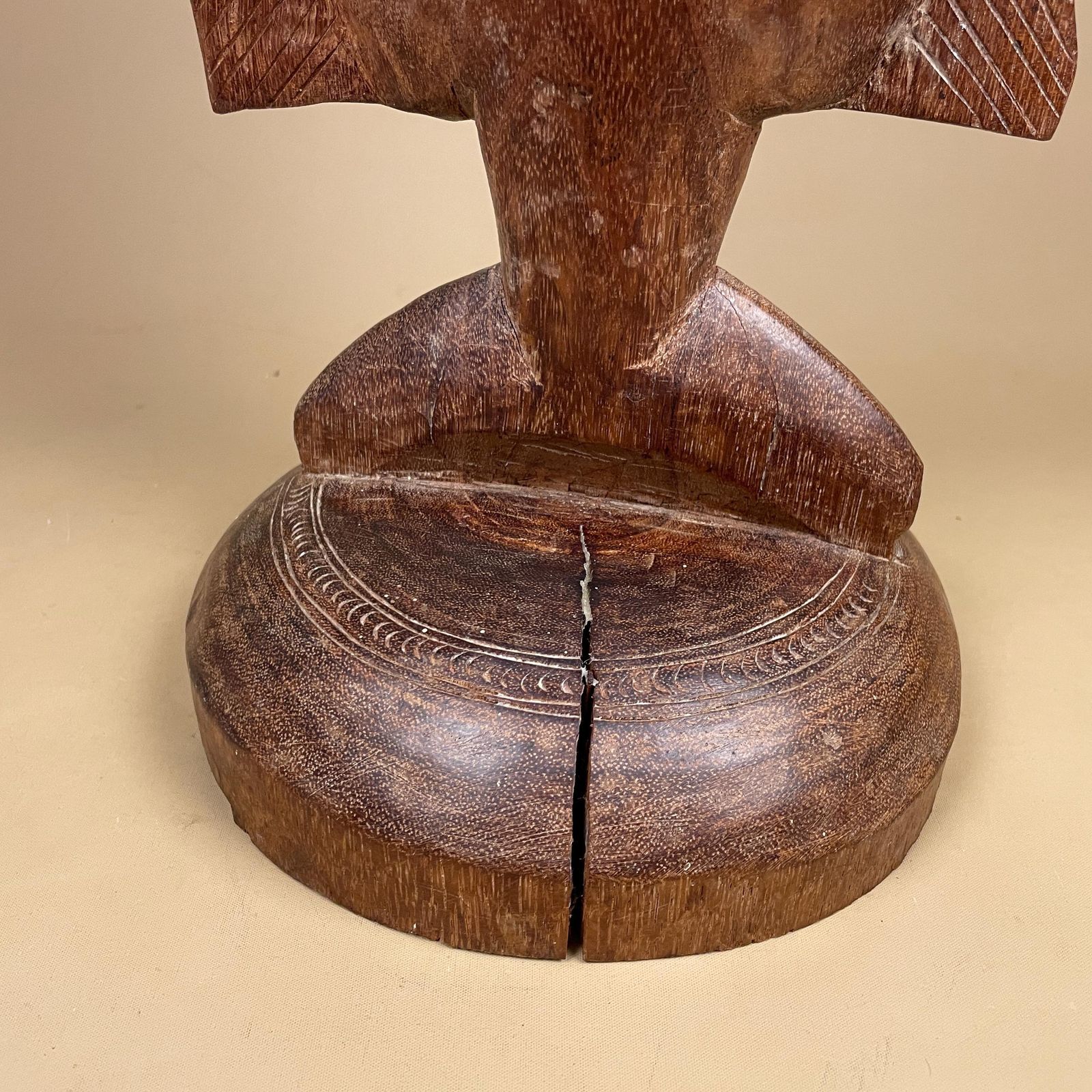 Antique African Luba Caryatid Stool Handmade Round Wood Table Plant Stand Fish Wooden Africa Furniture Circle Brown Seat Tribe Handcrafted photo vintage