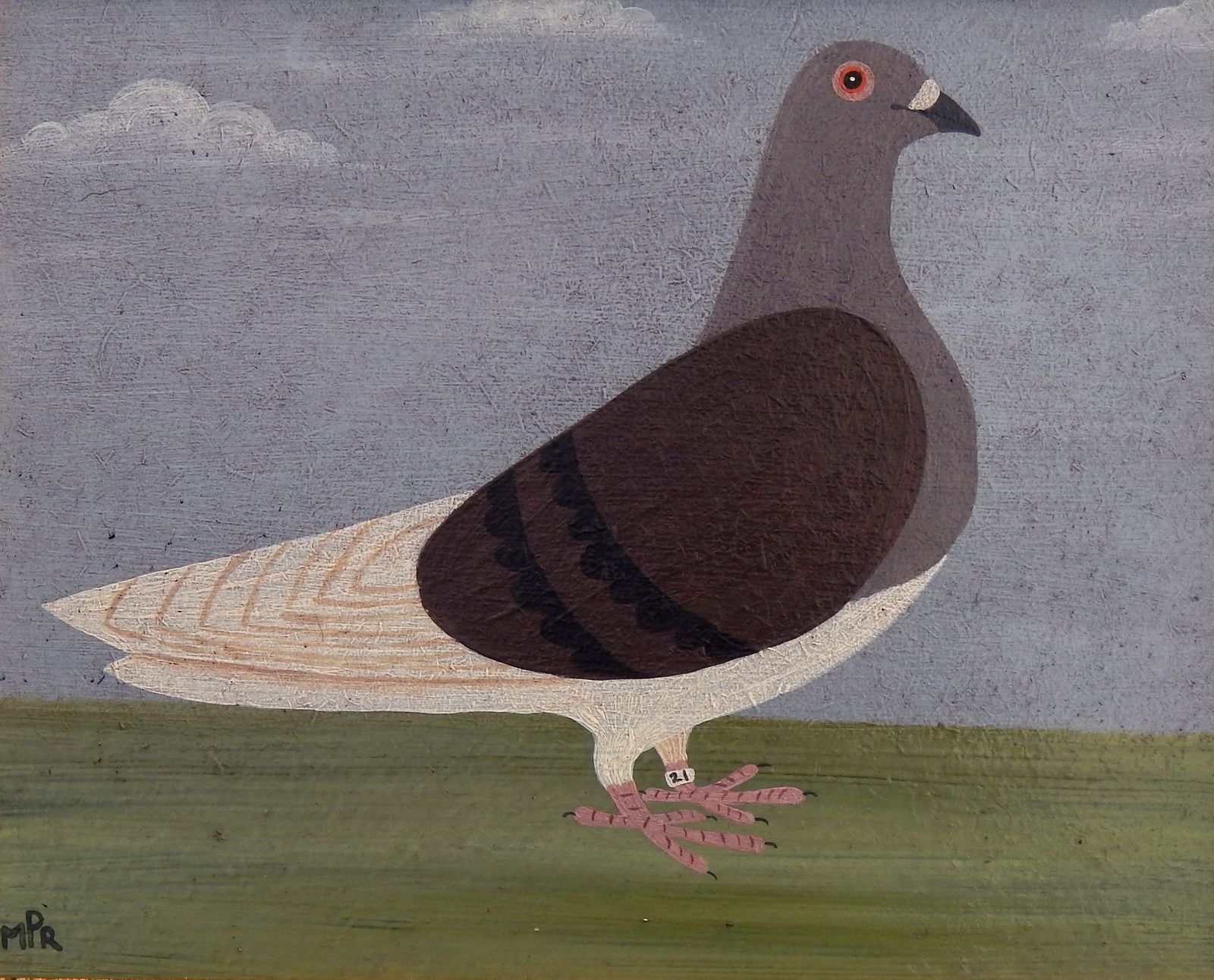Naïve Folk Art Racing Pigeon Painting By Matt Rix In Antique Oak Frame photo vintage