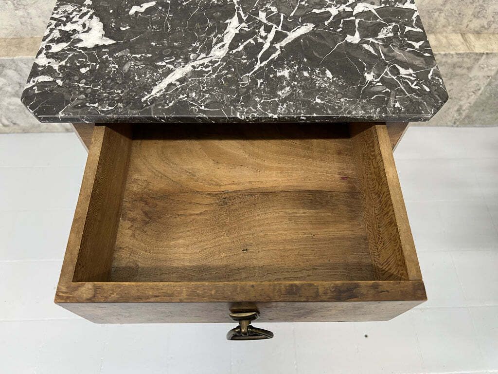 photo furniture Black Marble And Walnut Wood Bedside Cabinet