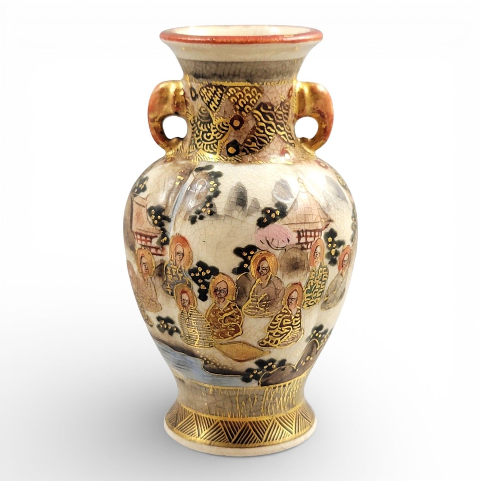 Fine Meiji Satsuma Miniature Vase C.1890, Shimazu Mon, Gilt Figural Scene