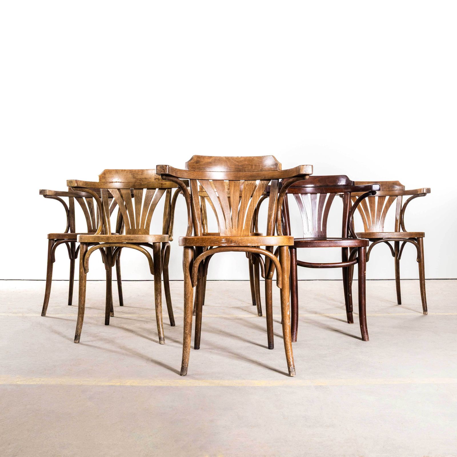 Furniture 1950's Standard Fan Back Bistro Mixed Dining Armchairs   Set Of Six photo
