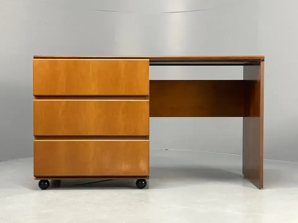 Vintage 1980s Cherry Desk Three Drawers Ball Feet Post Modern photo for sale