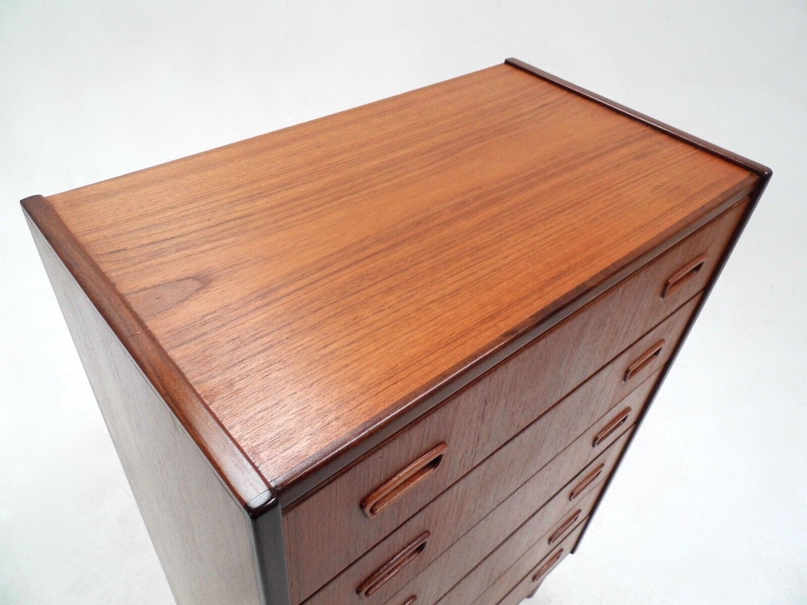 Danish Teak Tallboy Chest Of Drawers Sculptured Recessed Handles Midcentury 1960s photo vintage