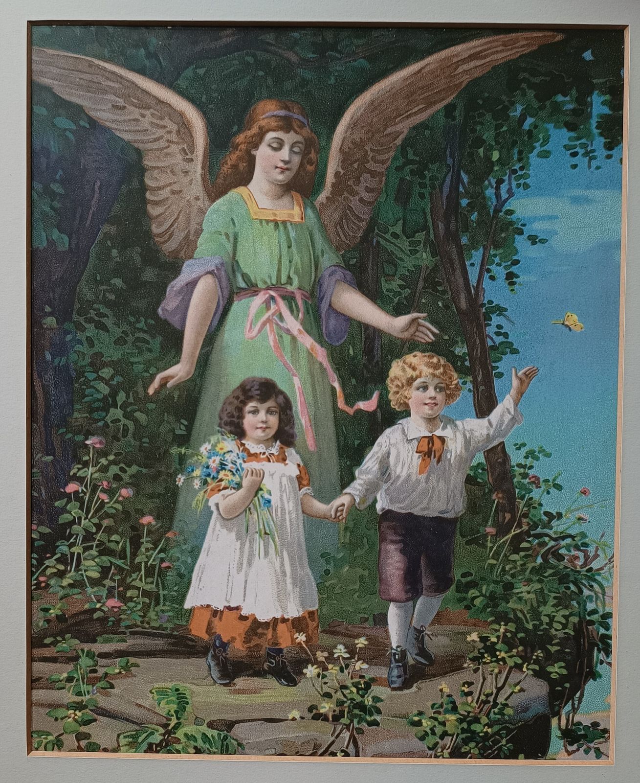 Antique Chromolithograph The Guardian Angel Protecting Boy And Girl Framed. photo furniture