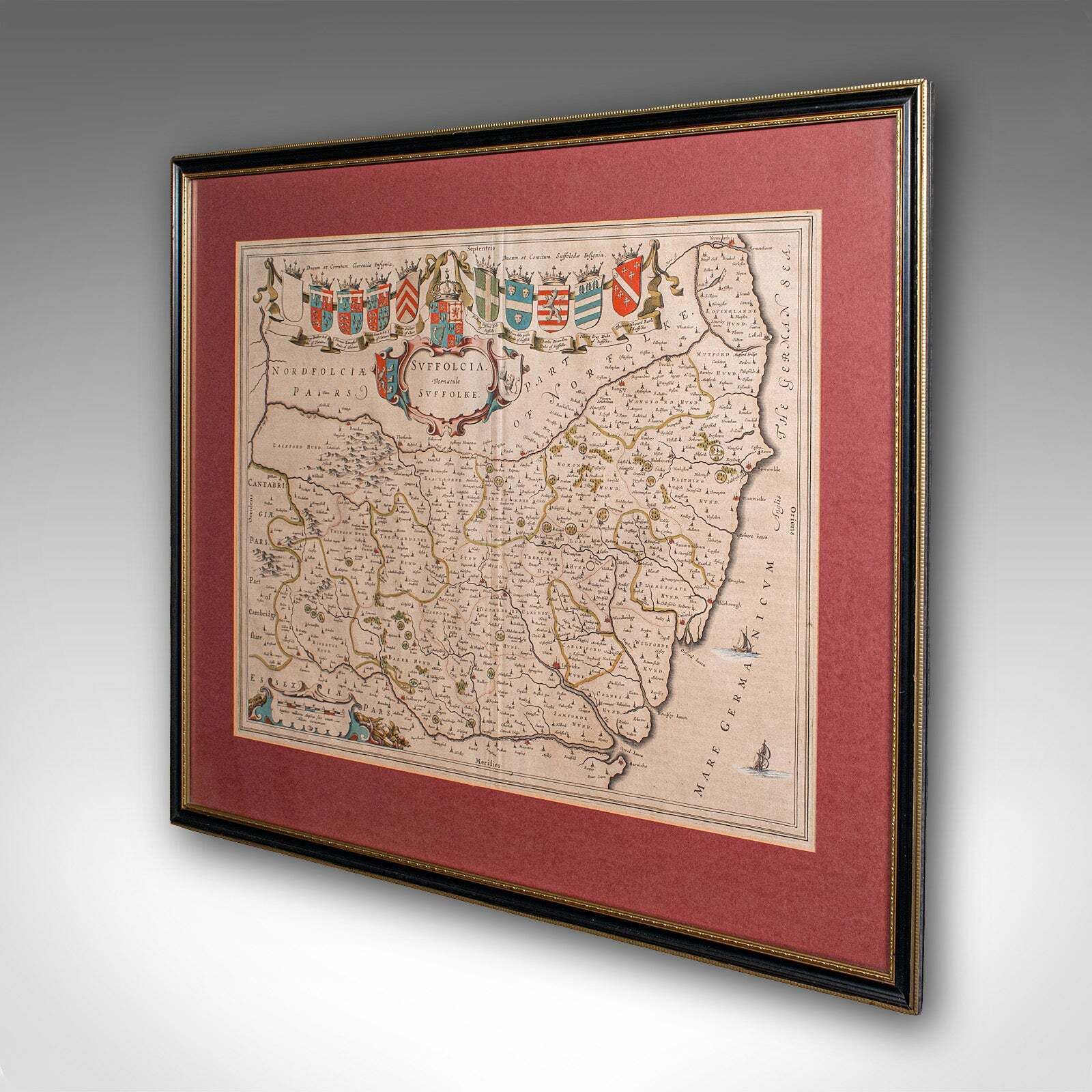 Antique Suffolk County Map, Dutch, Atlas Novus, Joan Blaeu, Cartography, C.1645 photo for sale