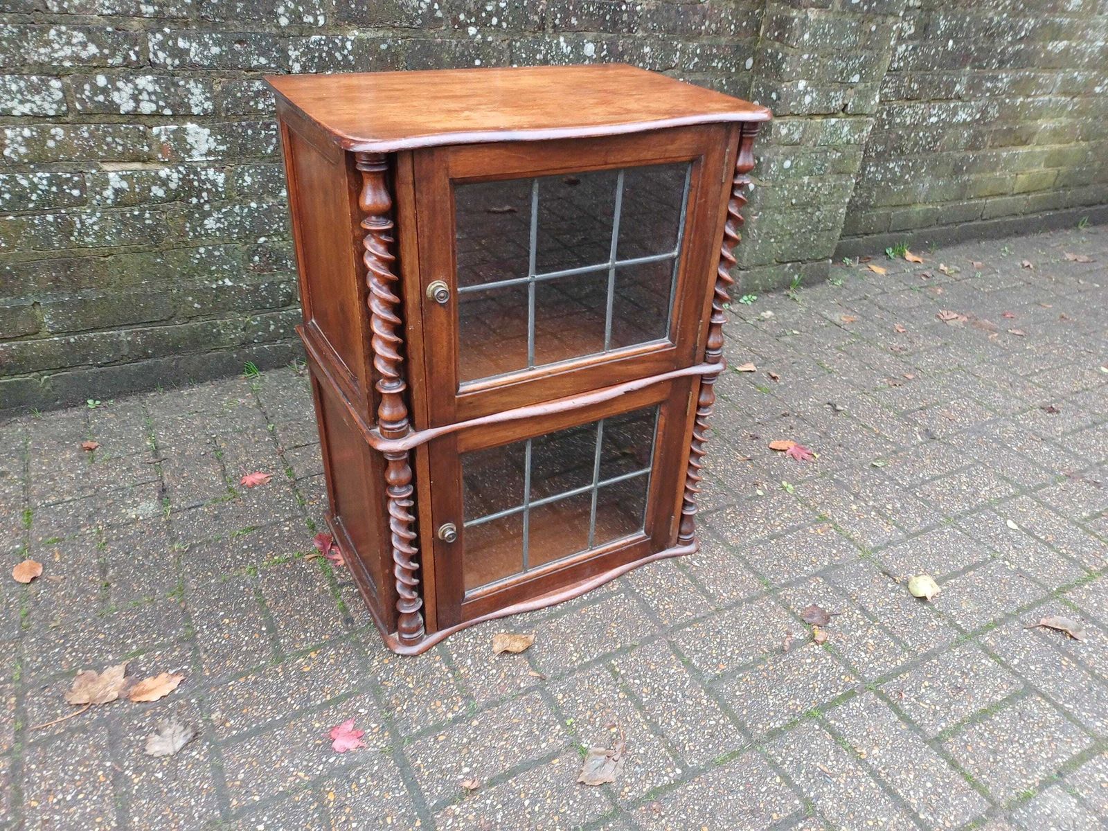 Antique 1910s Leaded Glass Display Cupboard Early 20th Century Cabinet · Barley Twist Storage Glazed Wall Or Floor Unit photo vinterior