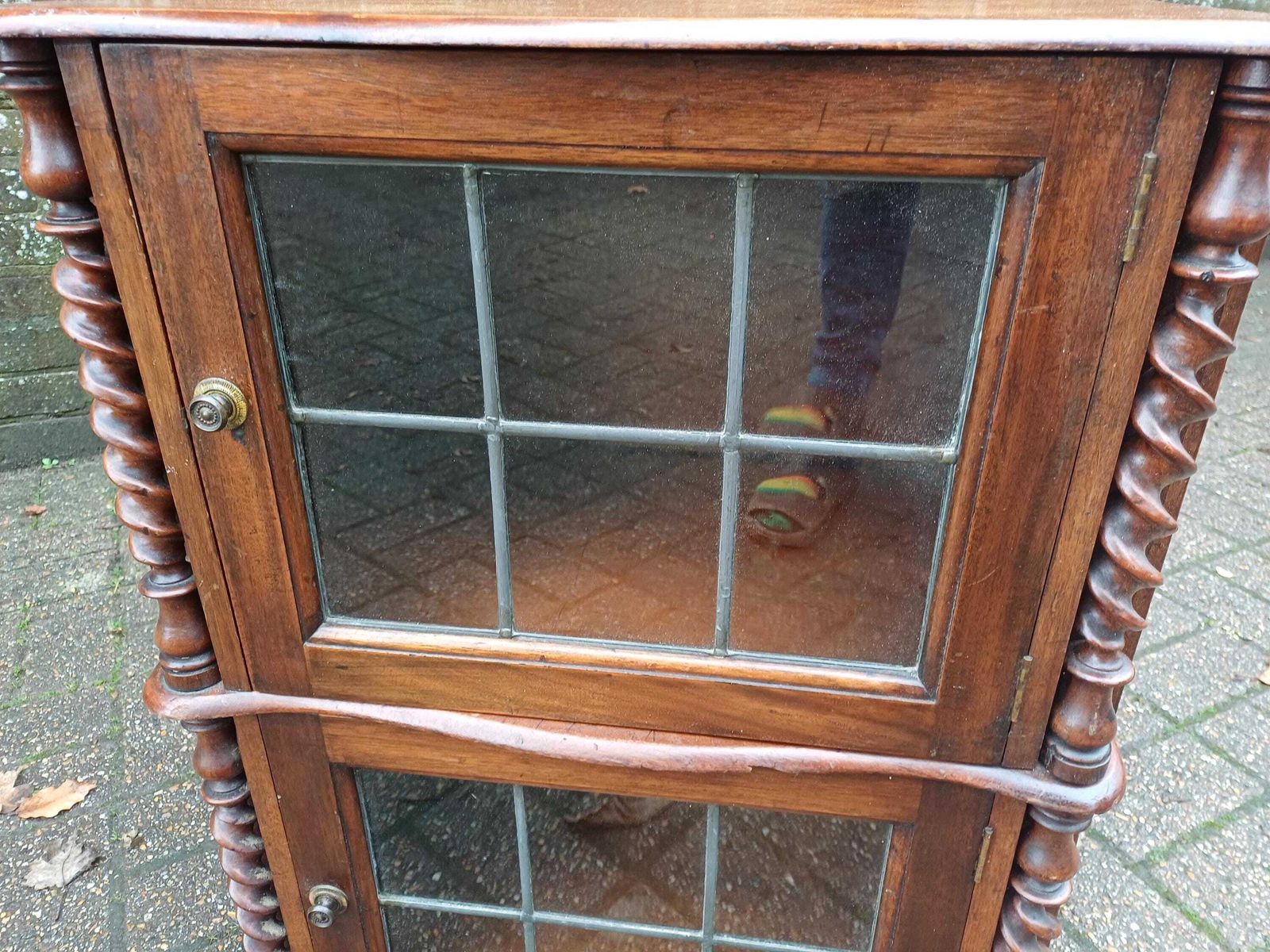 photo for sale Antique 1910s Leaded Glass Display Cupboard Early 20th Century Cabinet · Barley Twist Storage Glazed Wall Or Floor Unit