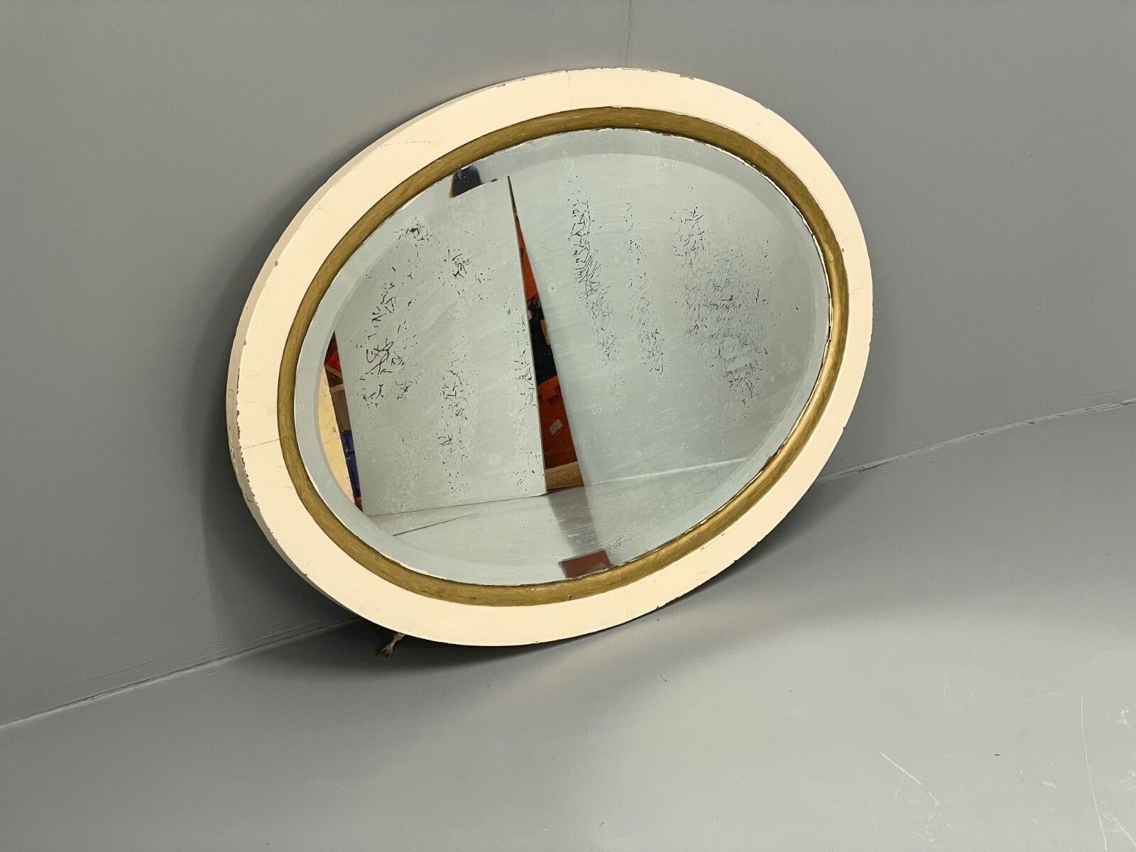 Antique Oval Wall Mirror White & Gold Painted Bevelled Patina