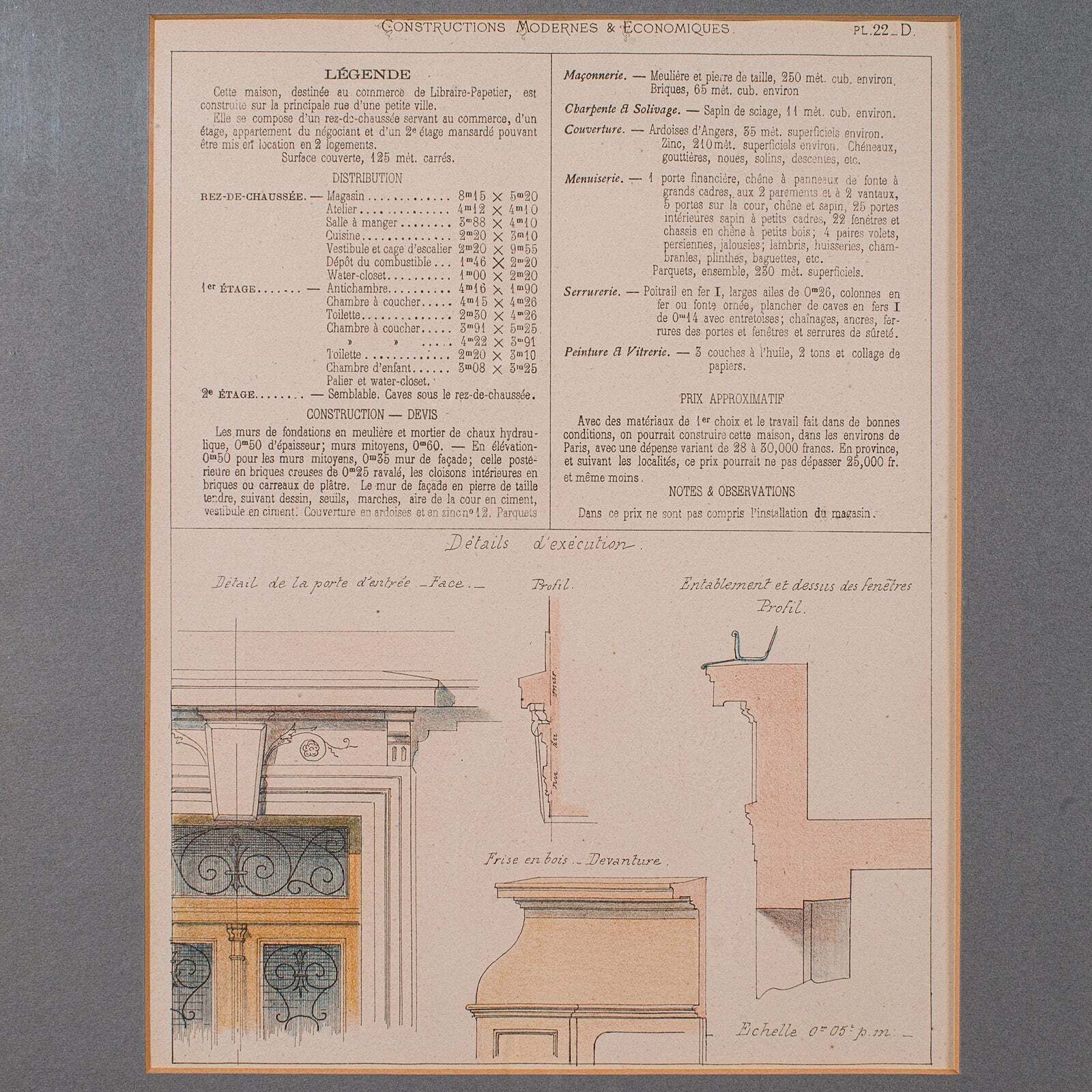 Antique Set Of Architectural Plans, French, Framed Lithographs, Art, Victorian photo buy