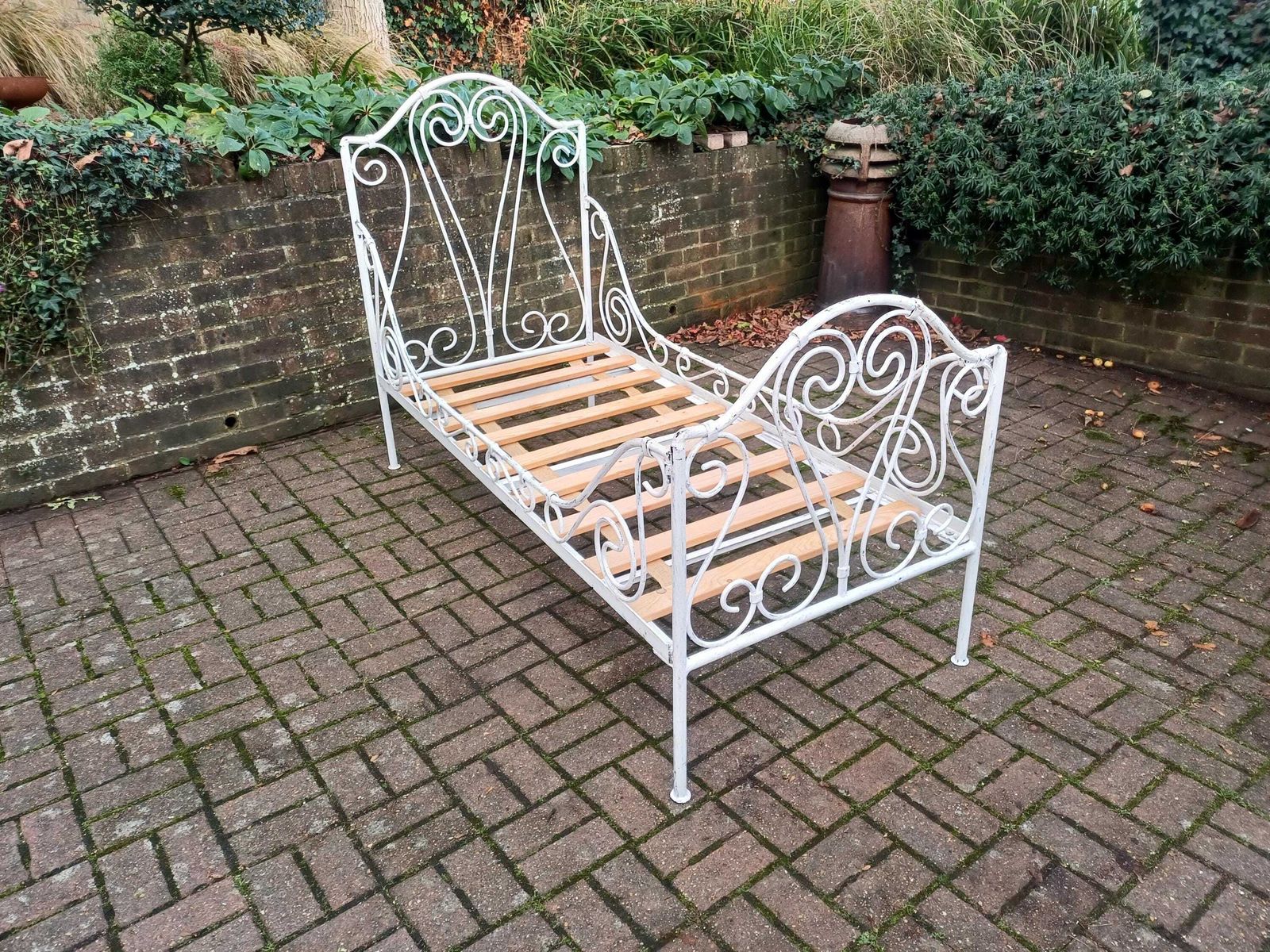 Antique French Iron Single Bed Early 20thc Shabby Chic White Painted Heavy Metal Bed Frame 32" Mattress Vintage Bedroom