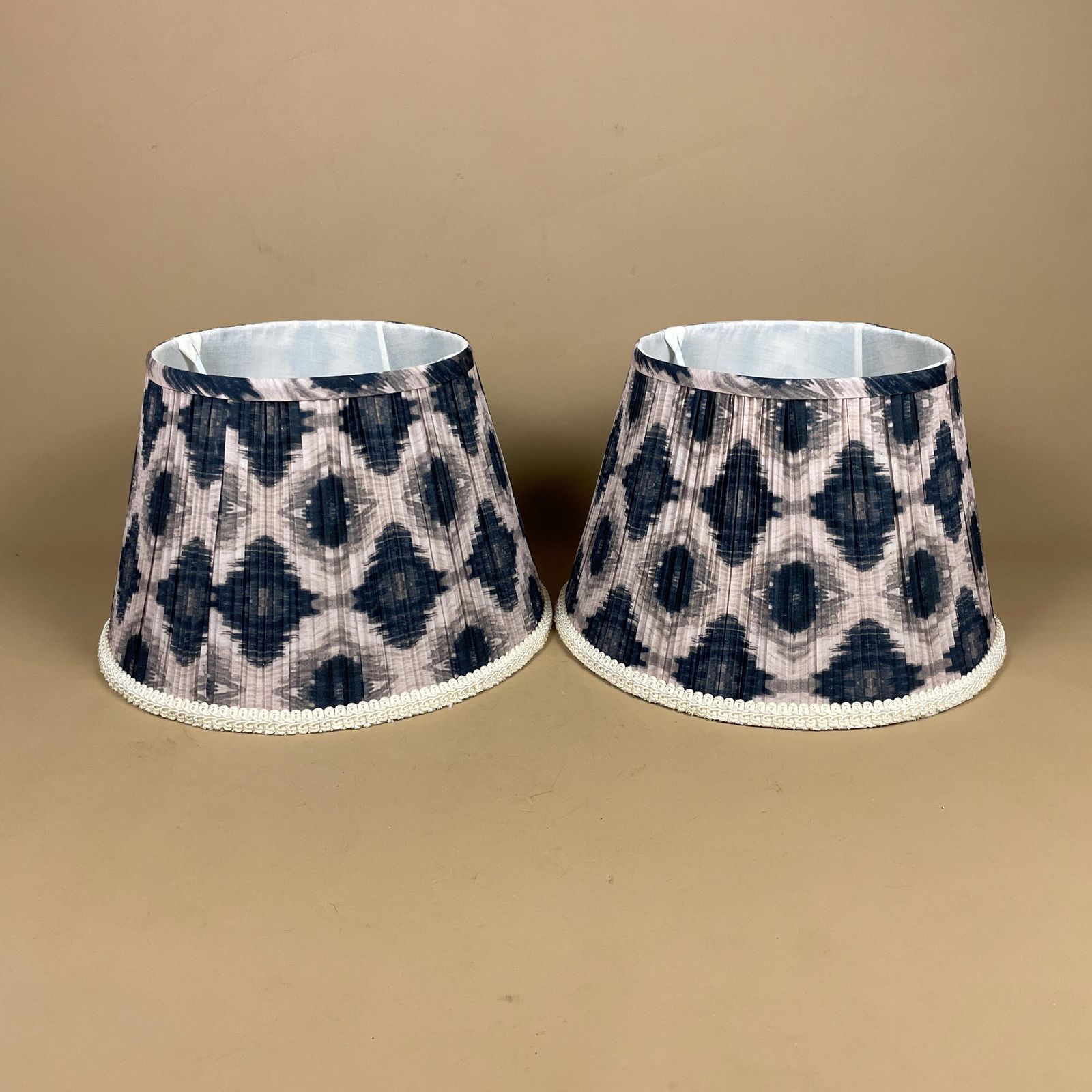 Set Of 2 Patterned Vintage Lamp Shade Lampshade Lightshade Light Tapered Drum Geometric Pattern Blue White Pleated Fabric Pleats Matching