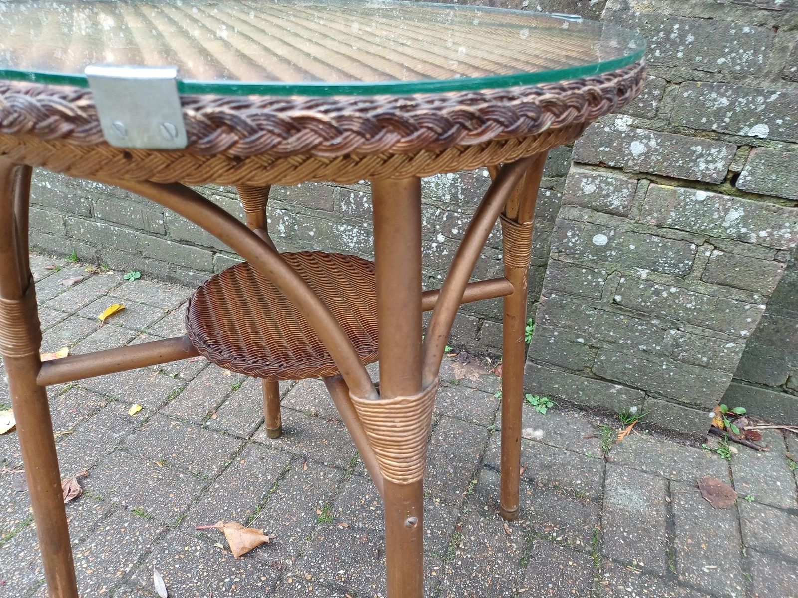 Vintage Lloyd Loom Style Wicker Side Table Gold Glass Top Brass Feet 1930s Occasional Conservatory Bedside Or Living Room Free Hand Delivery photo Furniture