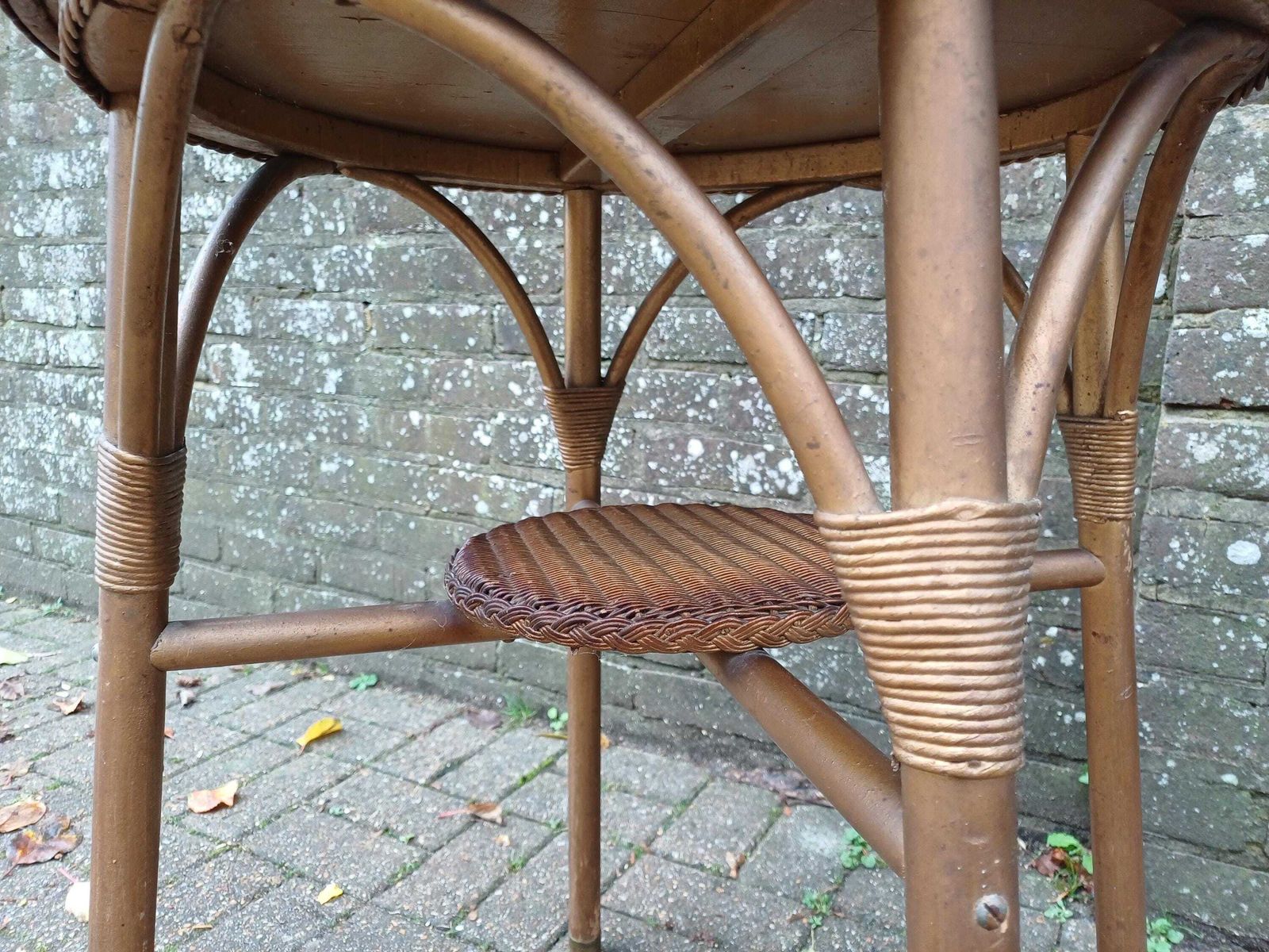 Vintage Lloyd Loom Style Wicker Side Table Gold Glass Top Brass Feet 1930s Occasional Conservatory Bedside Or Living Room Free Hand Delivery photo vinterior