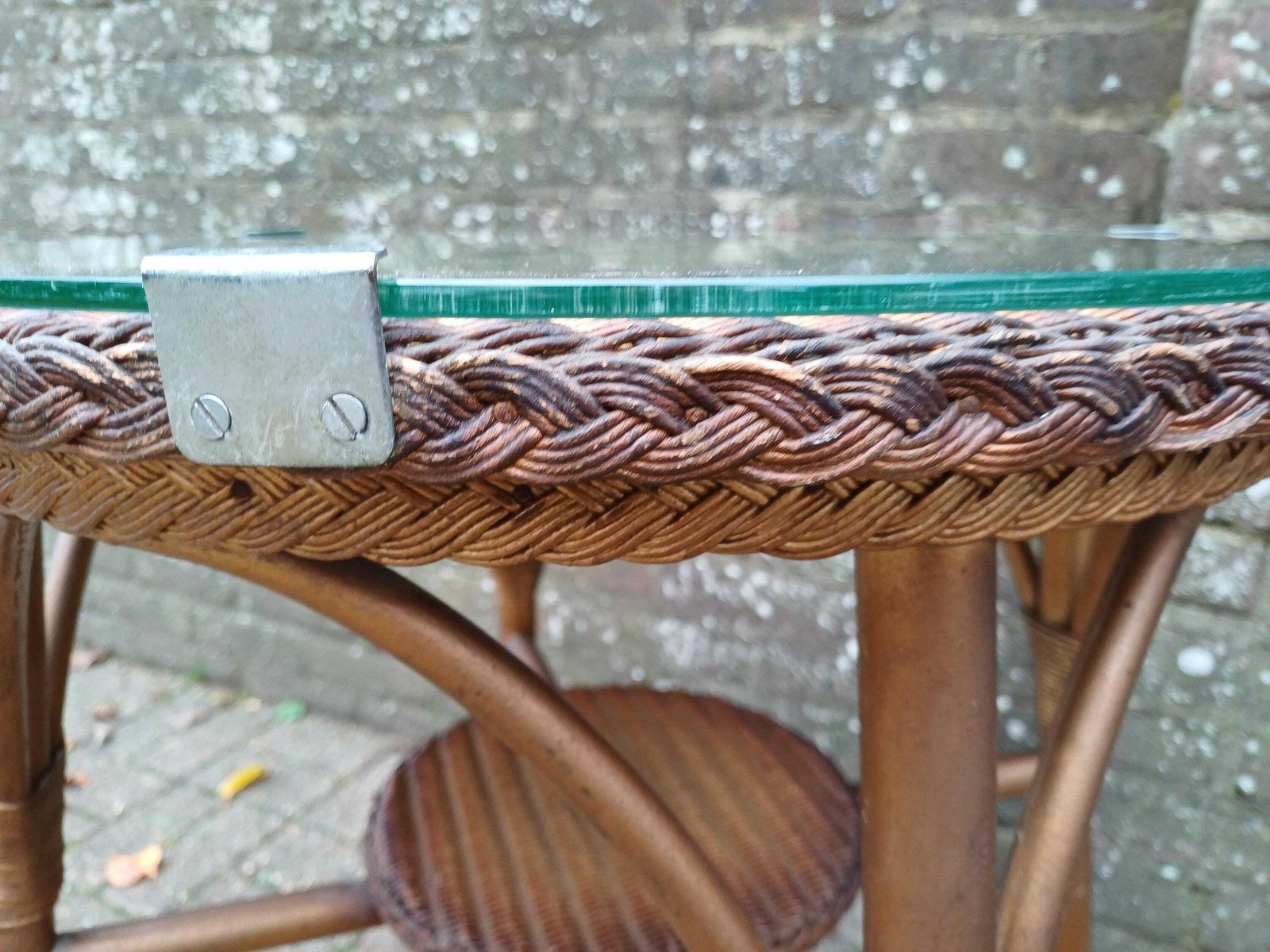 Vintage Lloyd Loom Style Wicker Side Table Gold Glass Top Brass Feet 1930s Occasional Conservatory Bedside Or Living Room Free Hand Delivery photo buy