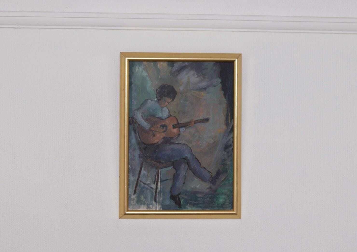Original Swedish Oil On Canvas – “Troubadour With His Guitar” By Calle Svensson – åmål,Dalsland – Vintage, Framed 34 × 46 Cm (13.4" × 18.1") photo for sale