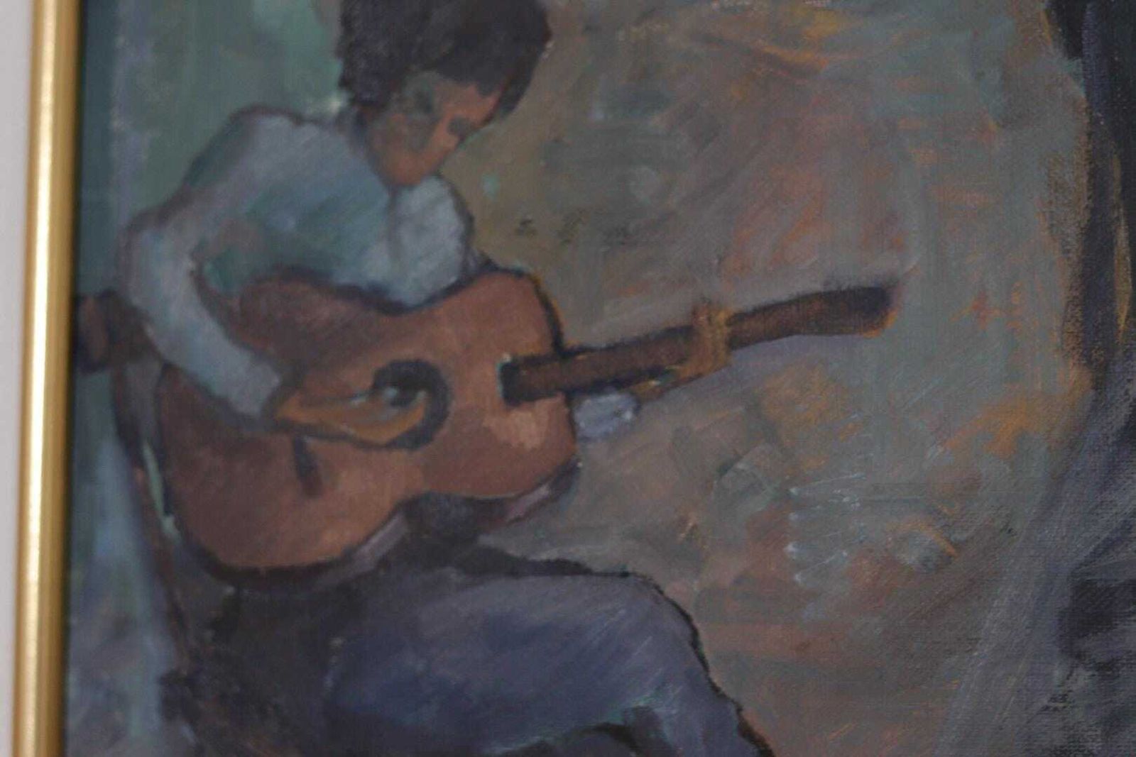 Original Swedish Oil On Canvas – “Troubadour With His Guitar” By Calle Svensson – åmål,Dalsland – Vintage, Framed 34 × 46 Cm (13.4" × 18.1") photo vinterior