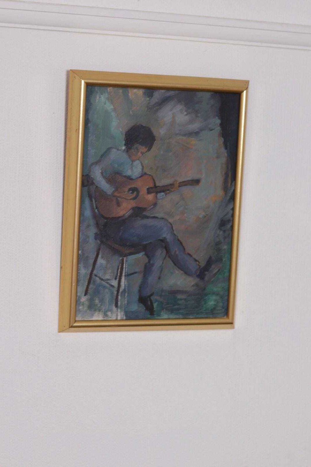 Original Swedish Oil On Canvas – “Troubadour With His Guitar” By Calle Svensson – åmål,Dalsland – Vintage, Framed 34 × 46 Cm (13.4" × 18.1") photo vintage
