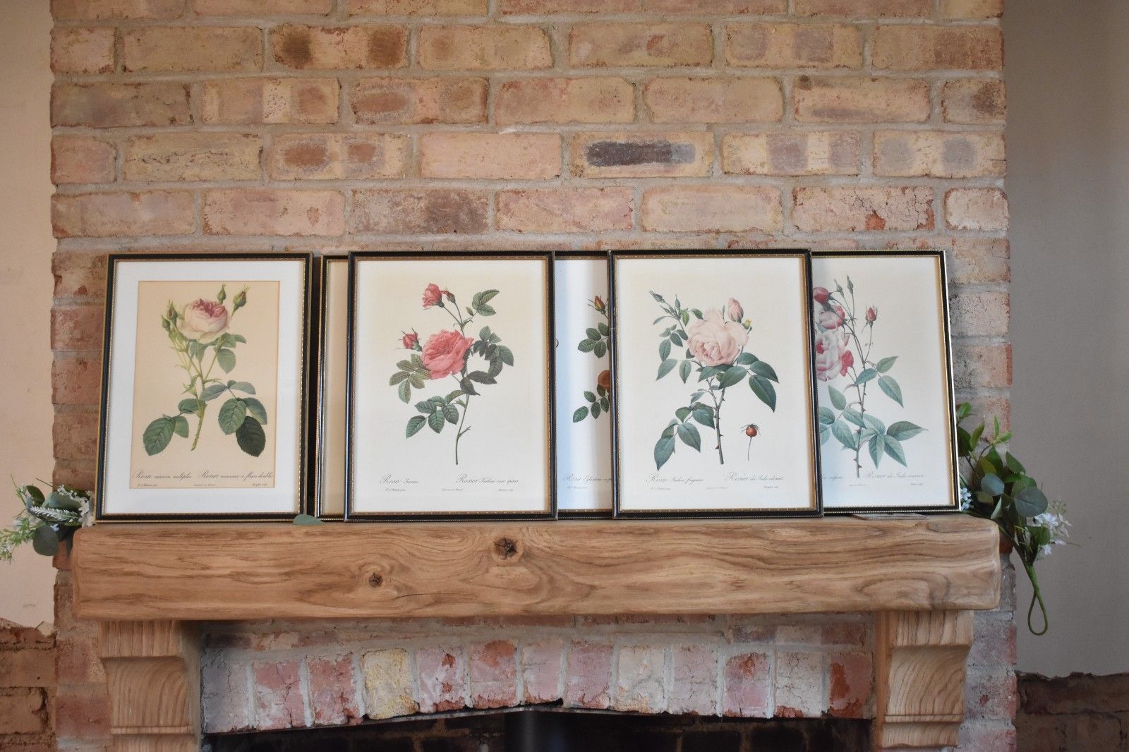 Vintage Set Of 6 Black Framed Rose Prints Flower Aged Wooden Frame Gallery Wall
