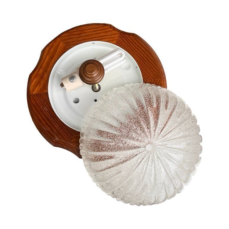 Italian Ceiling Lamp From The 1970s | Ice Glass And Wood | Mid Century Modern photo furniture
