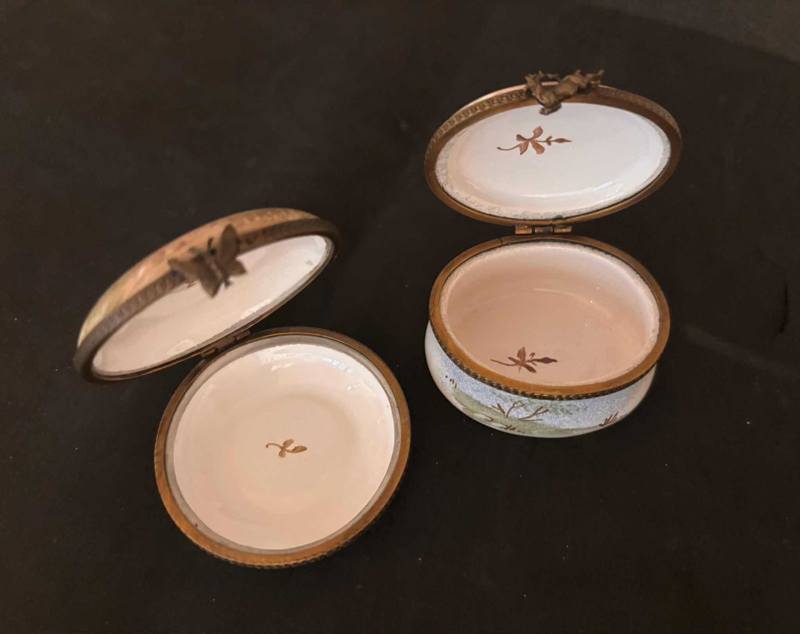 Set Of 2 Hand Painted French Porcelain Trinket Pill Boxes – Signed Buray – Landscapes With Bronze Mounts photo vinterior