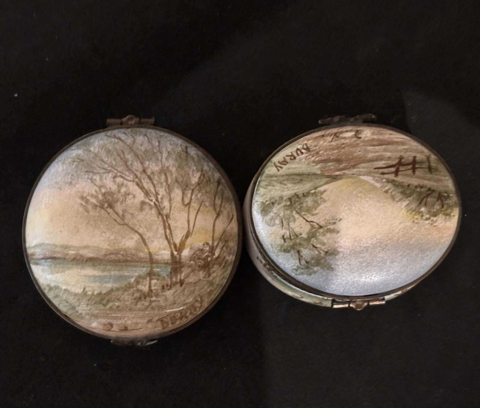 photo furniture Set Of 2 Hand Painted French Porcelain Trinket Pill Boxes – Signed Buray – Landscapes With Bronze Mounts