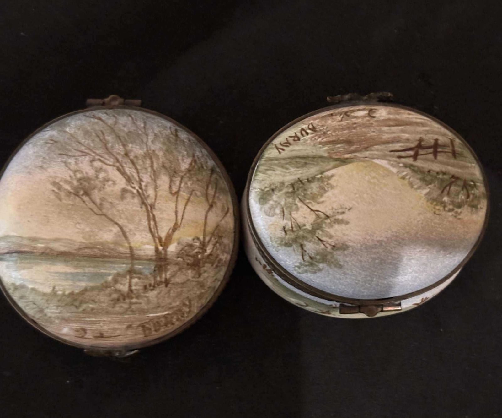 photo buy Set Of 2 Hand Painted French Porcelain Trinket Pill Boxes – Signed Buray – Landscapes With Bronze Mounts