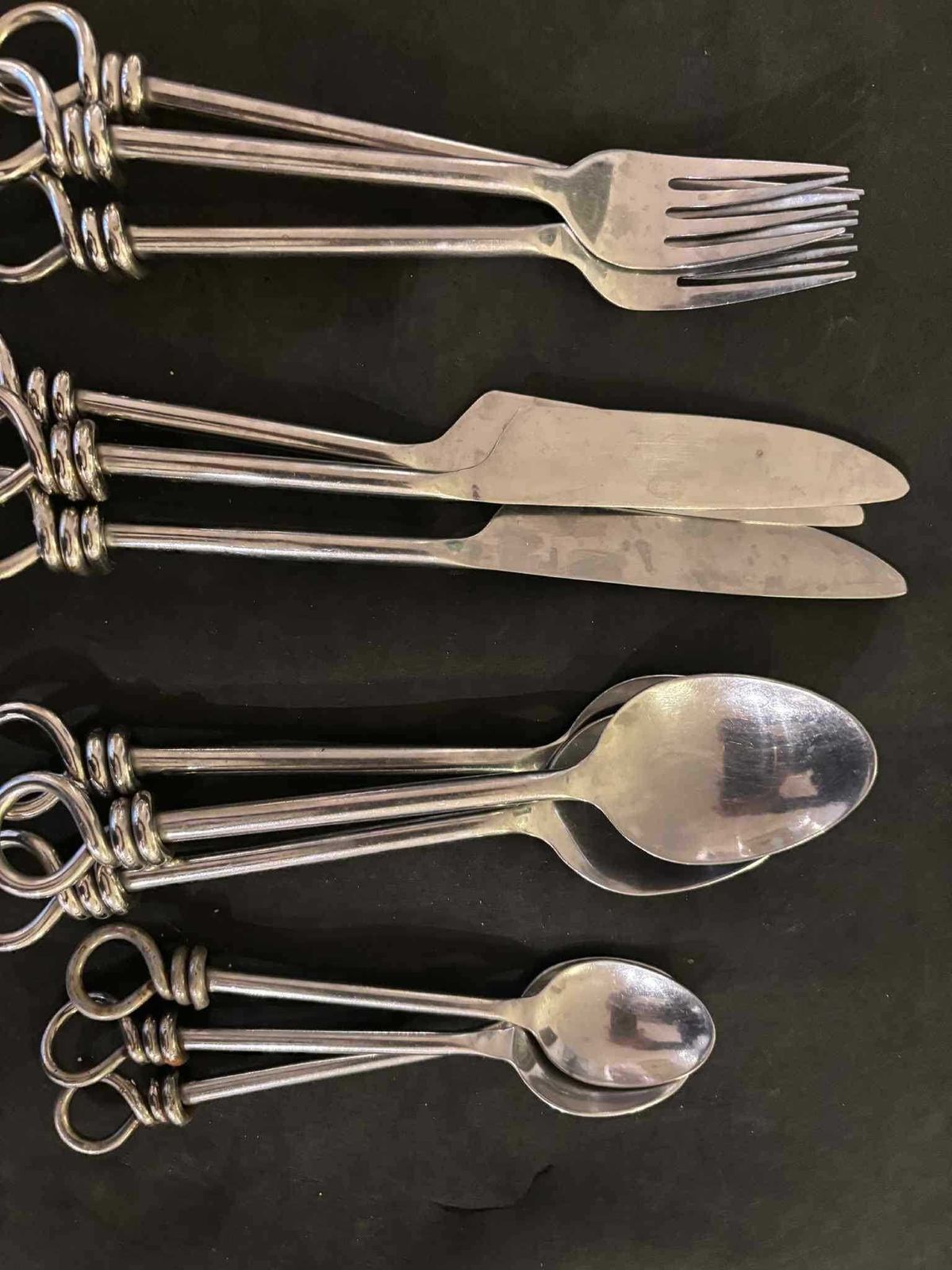 Set Of 12 Flatware Twist Cutlery French Forged Knot Twisted Ends Swirl Flatware Gift For Couple Brutalist Decor, Medieval Style Viking photo vintage