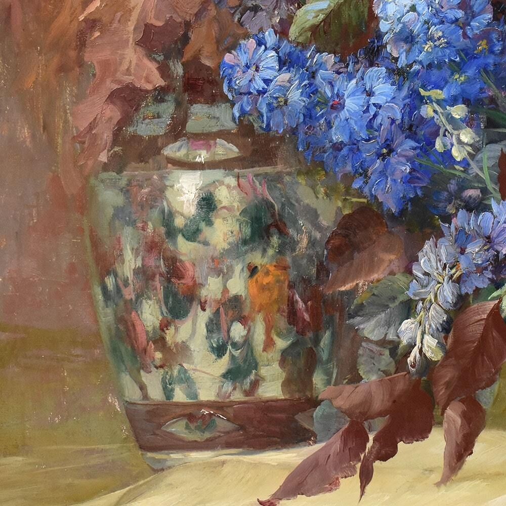 Beautiful Flower Paintings, Delphinium, Oil Painting, Julien Stappers, Art Deco, XX Century photo vinterior