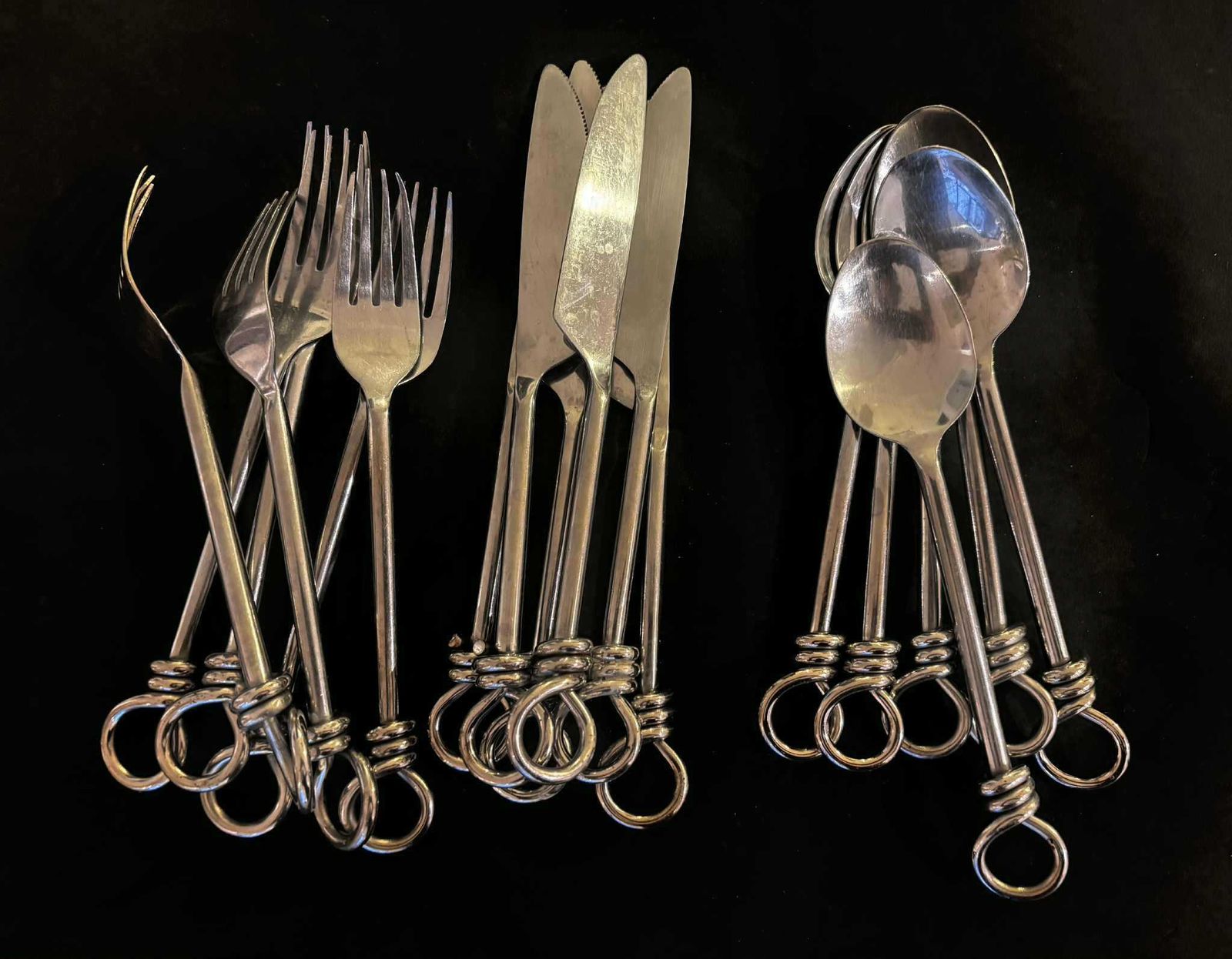 Set Of 18 Flatware Twist Cutlery French Forged Knot Twisted Ends Swirl Flatware Gift For Couple Brutalist Decor, Medieval Style Viking