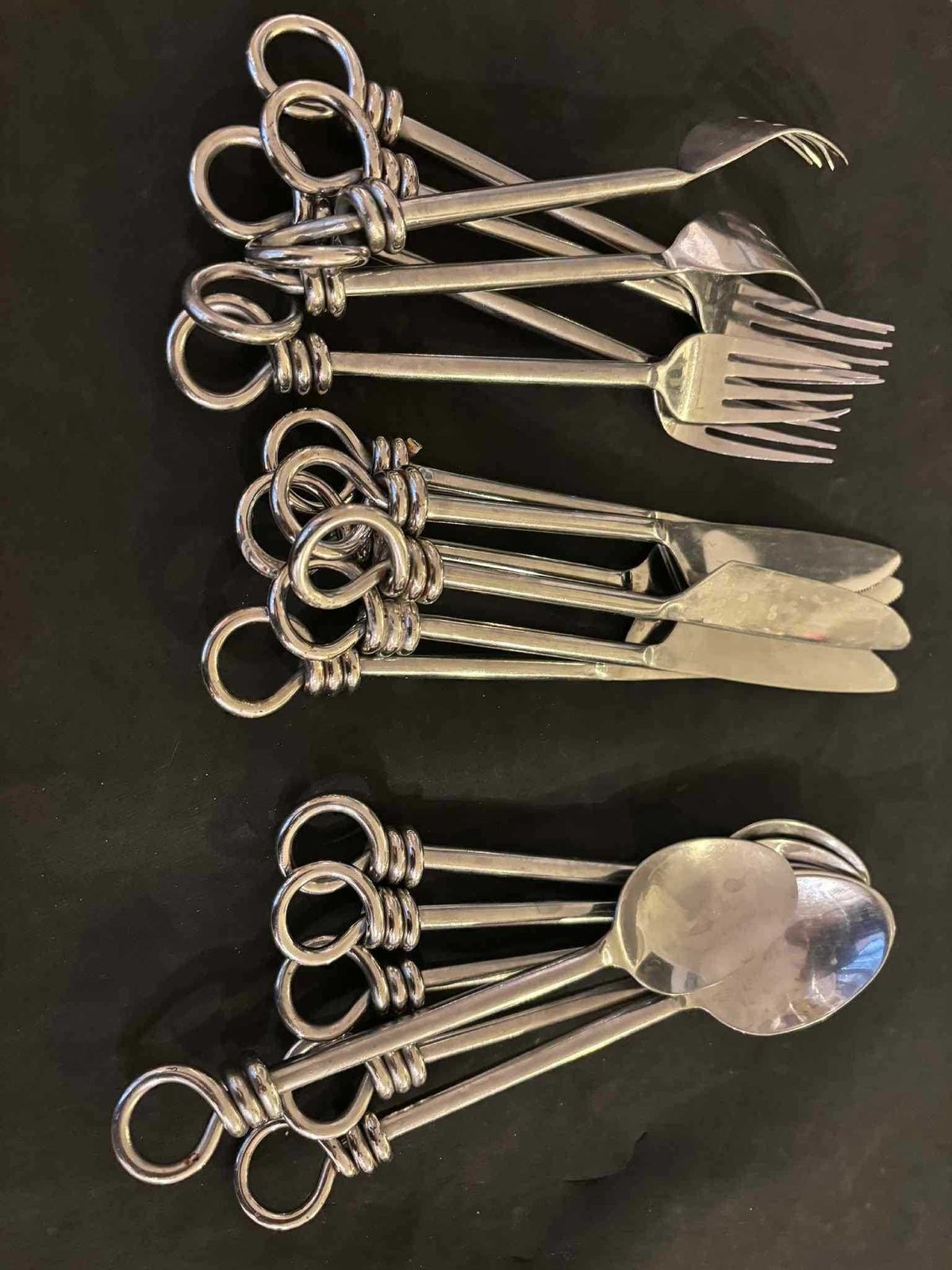Set Of 18 Flatware Twist Cutlery French Forged Knot Twisted Ends Swirl Flatware Gift For Couple Brutalist Decor, Medieval Style Viking photo vintage