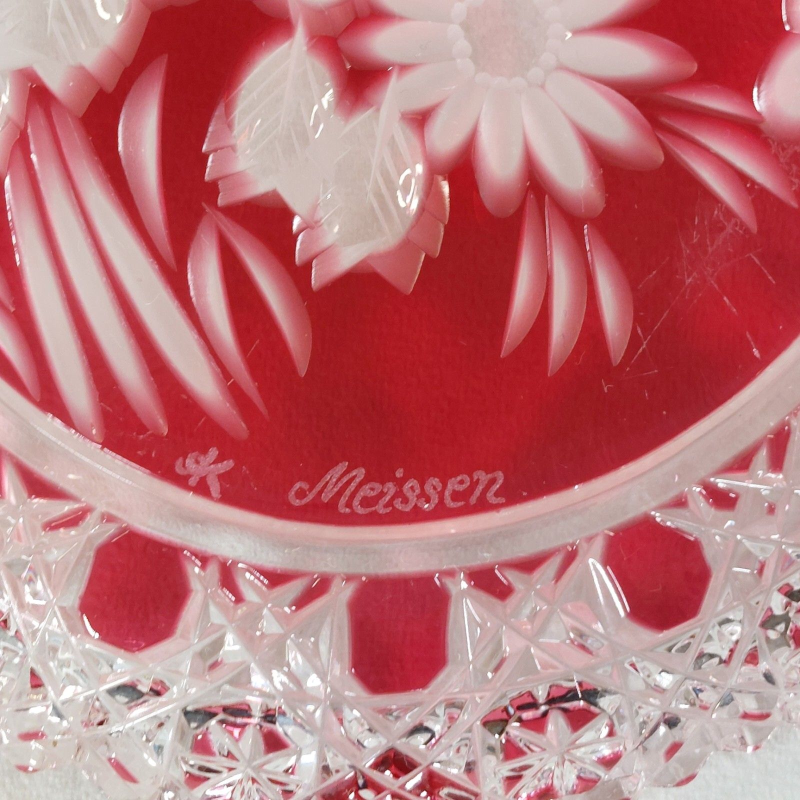 Meissen Crystal Dish Red Cut To Clear Round Floral & Star Pattern Signed photo furniture