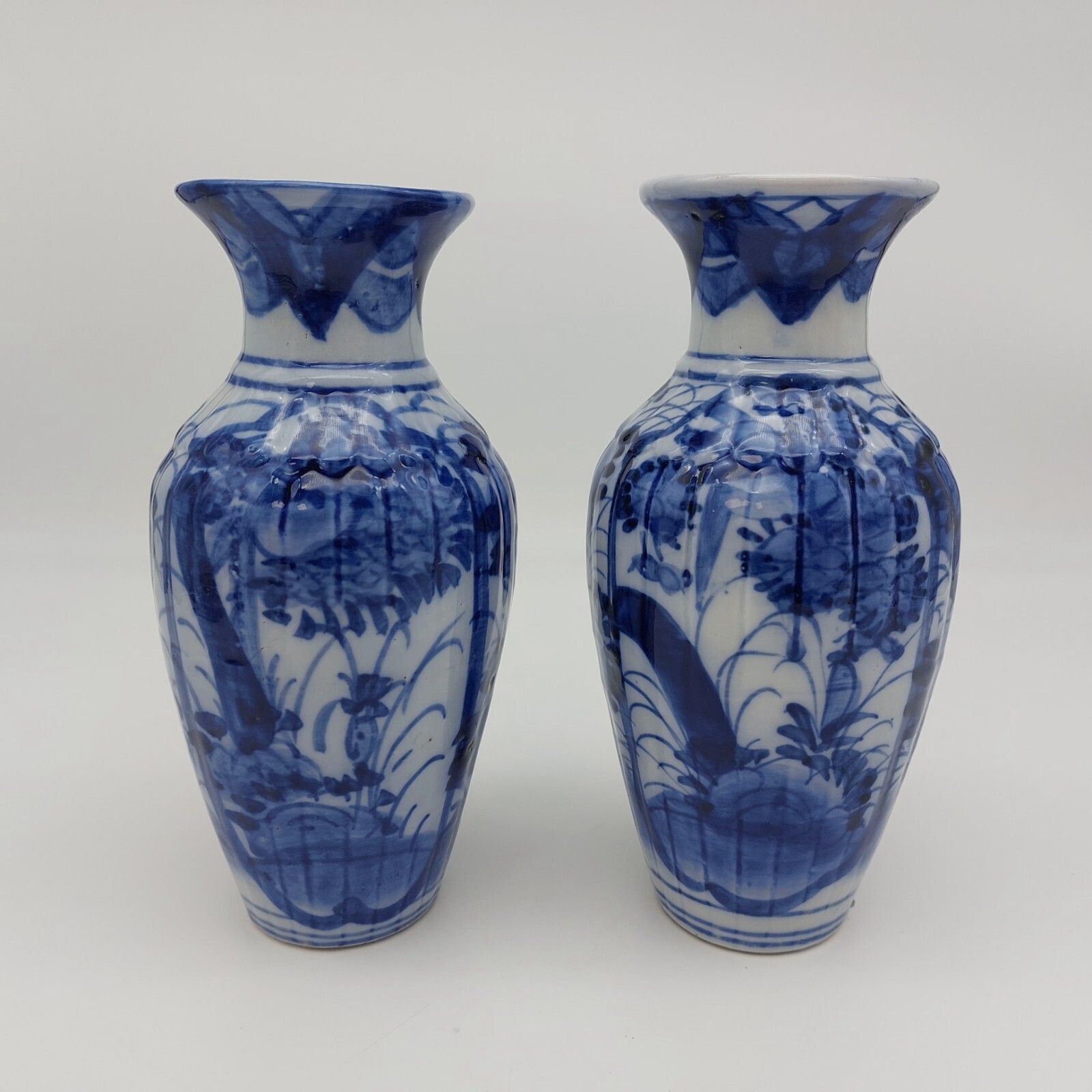 Antique Japanese Flow Blue Vase Pair C19th Century Blue & White 20.5cm Height photo 120.0