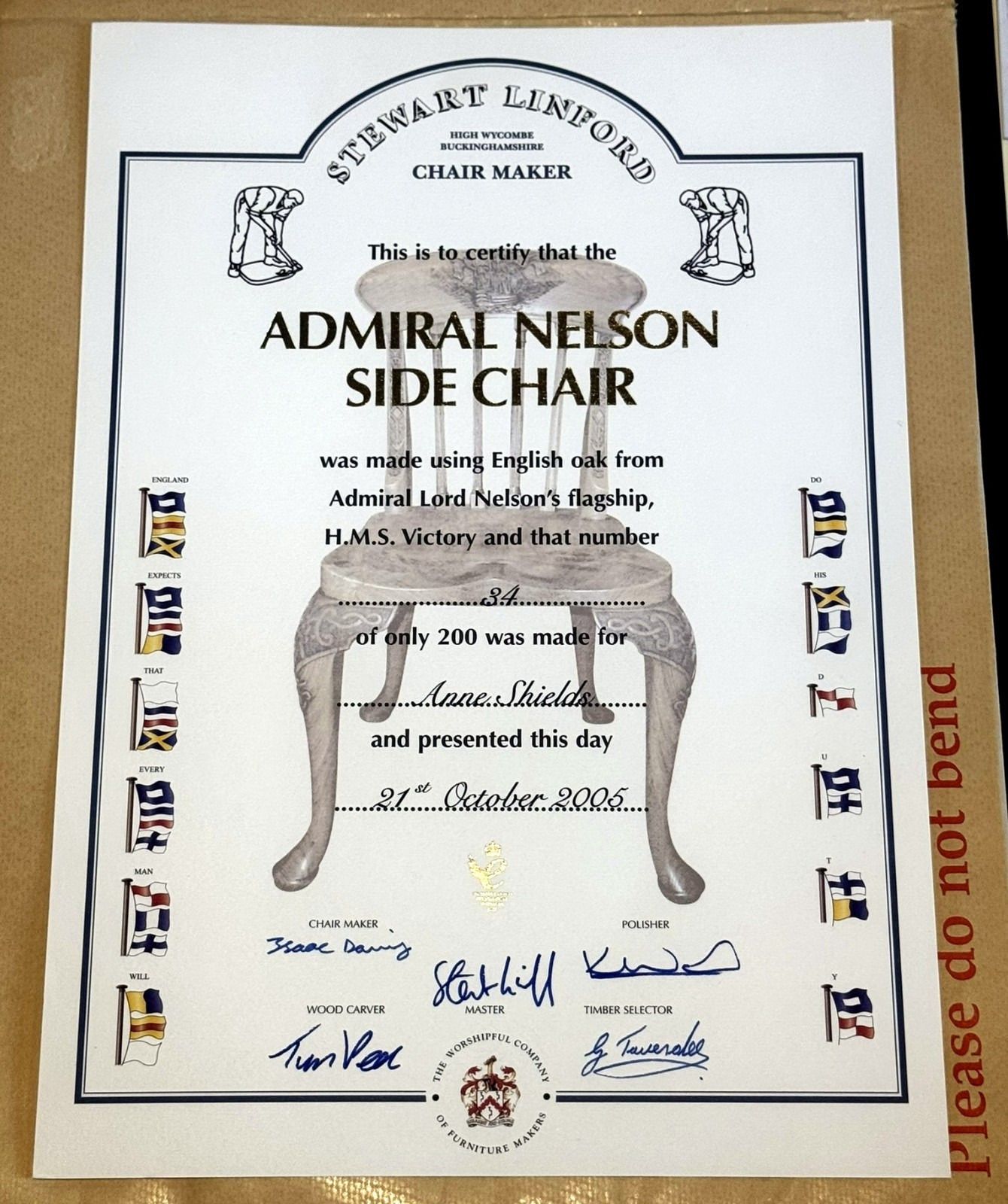34/200 Stewart Linford Admiral Nelson H.M.S Victory Hand Carved Burl Oak Chair photo for sale