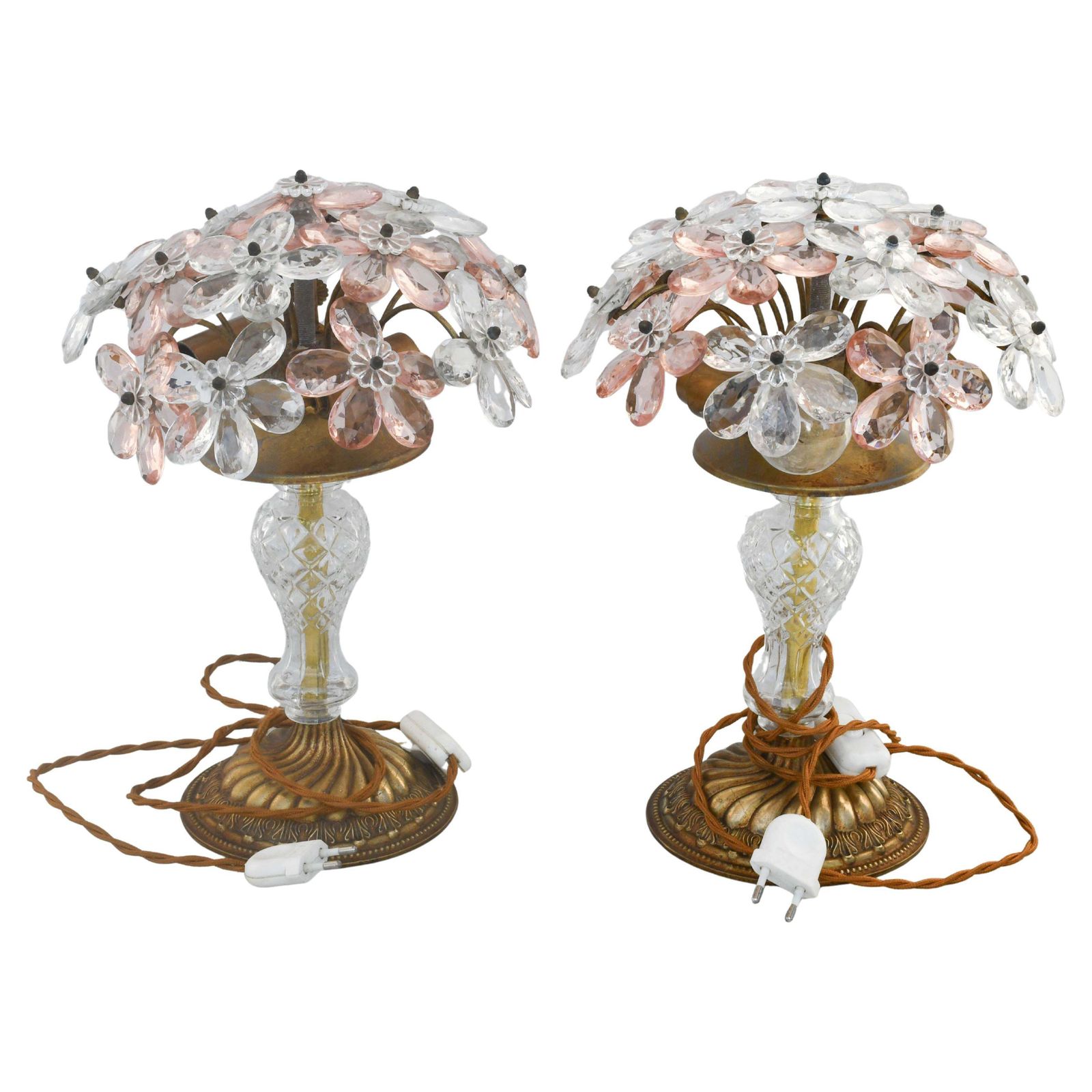 Set Of 2 Larg Table Lamp Crystal Glass Flower Pink And Crystal, Brass Base, 1960