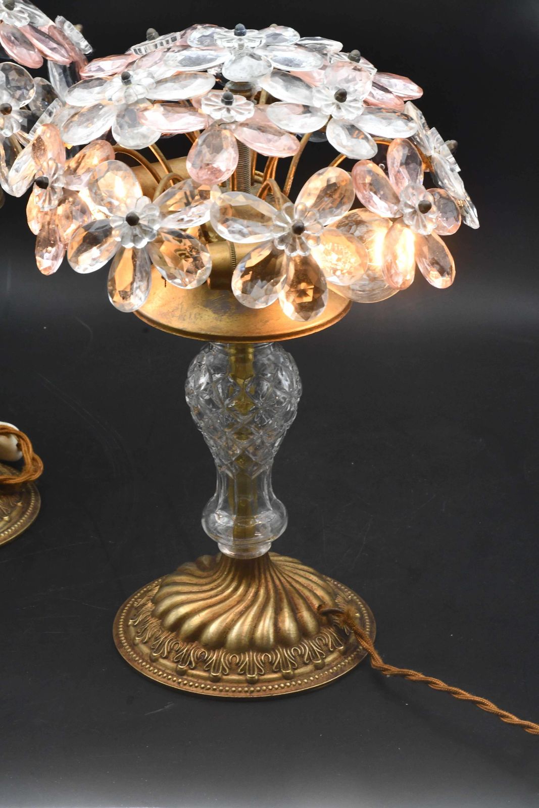 Set Of 2 Larg Table Lamp Crystal Glass Flower Pink And Crystal, Brass Base, 1960 photo furniture