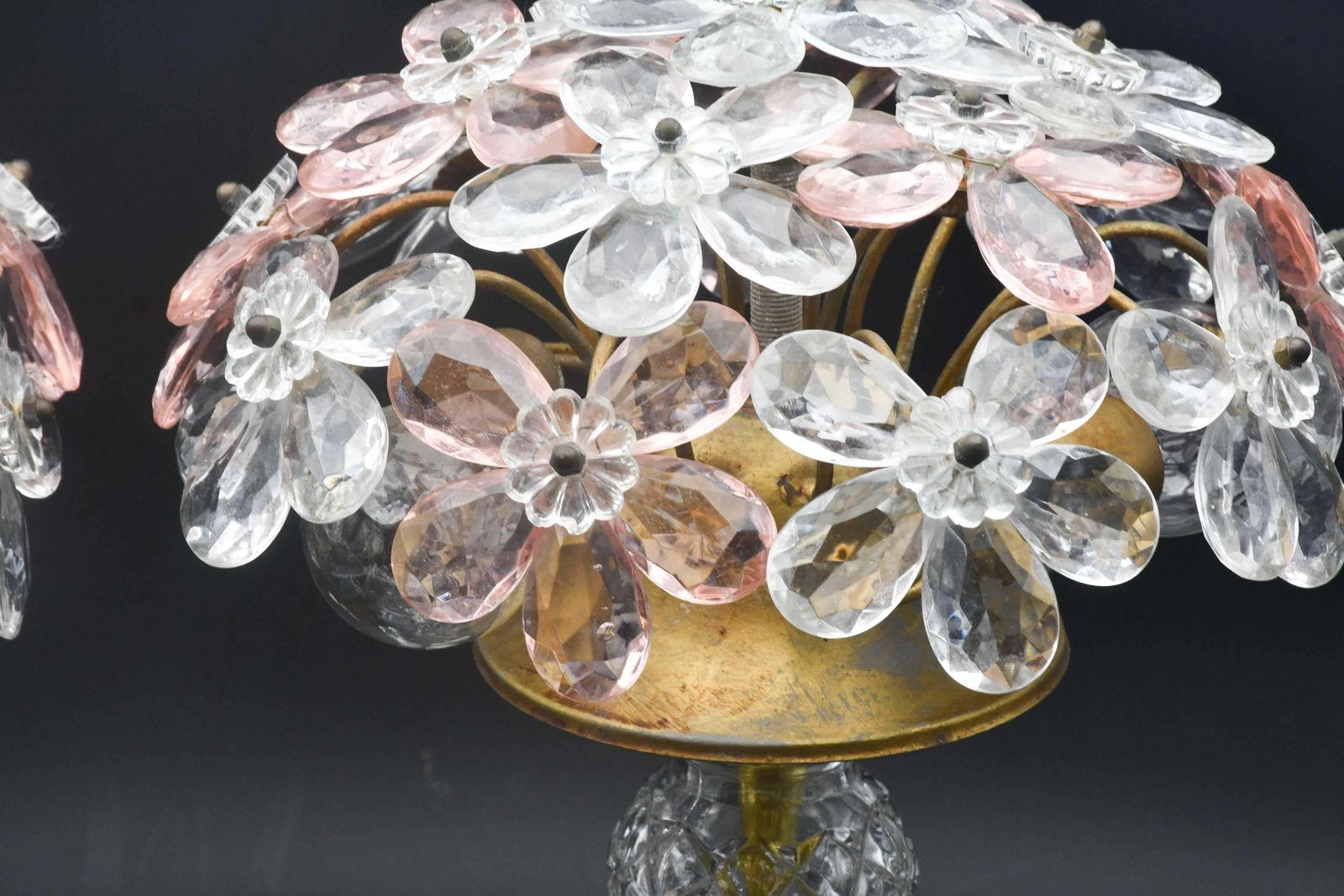 Set Of 2 Larg Table Lamp Crystal Glass Flower Pink And Crystal, Brass Base, 1960 photo 1476.0